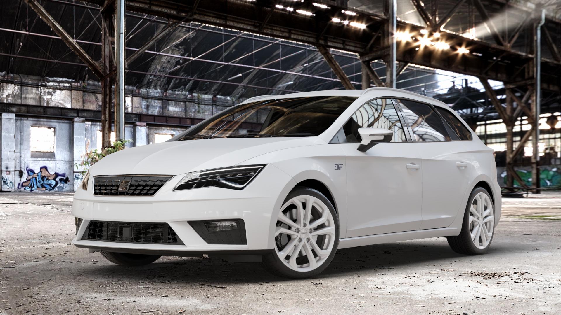 DEZENT TA SILVER Felge mit Reifen silber in 18Zoll Winterfelge Alufelge auf weissem Seat Leon Typ 5F ST Facelift ⬇️ mit 15mm Tieferlegung ⬇️ Old Industrial Hall_max_4400mm_2024 Frontansicht_1