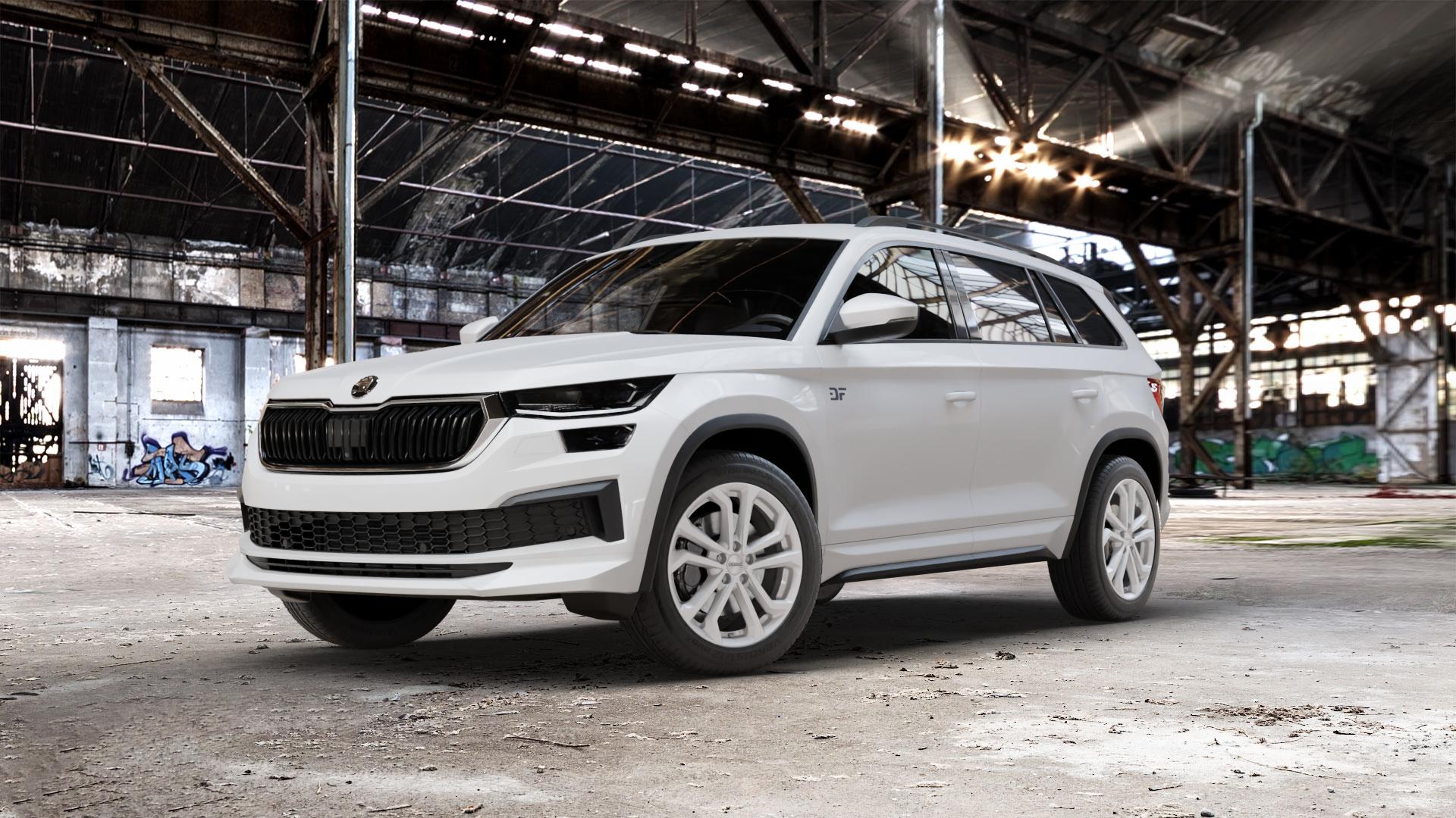 DEZENT TA SILVER Felge mit Reifen silber in 18Zoll Winterfelge Alufelge auf weissem Skoda Kodiaq Typ NS Facelift ⬇️ mit 15mm Tieferlegung ⬇️ Old Industrial Hall_max_5300mm_2024 Frontansicht_1