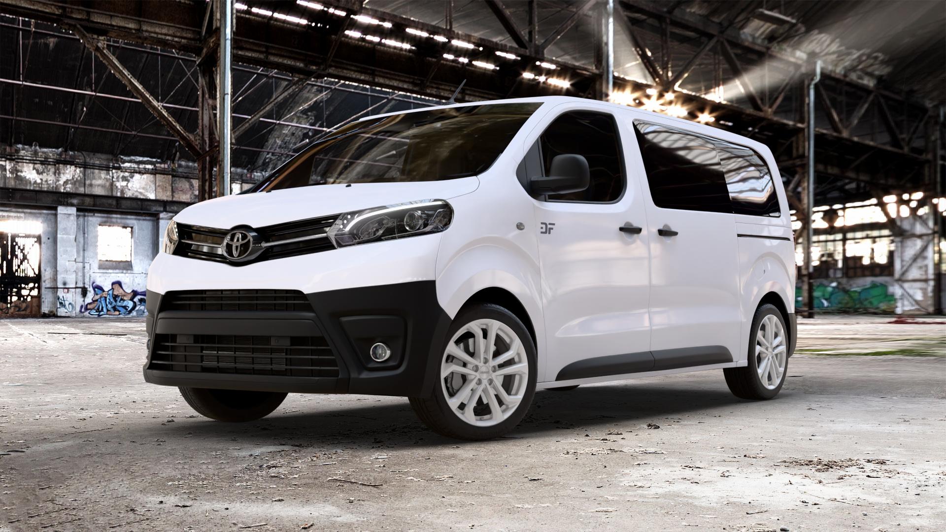 DEZENT TA SILVER Felge mit Reifen silber in 18Zoll Winterfelge Alufelge auf weissem Toyota Proace II Verso Typ V ⬇️ mit 15mm Tieferlegung ⬇️ Old Industrial Hall_max_5300mm_2024 Frontansicht_1