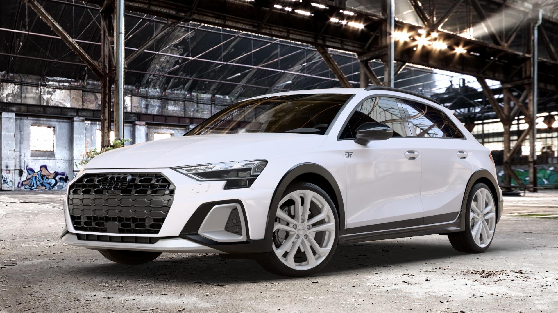 DEZENT TA SILVER Felge mit Reifen silber in 19Zoll Winterfelge Alufelge auf weissem Audi A3 Typ GY (Allstreet) ⬇️ mit 15mm Tieferlegung ⬇️ Old Industrial Hall_max_4400mm_2024 Frontansicht_1