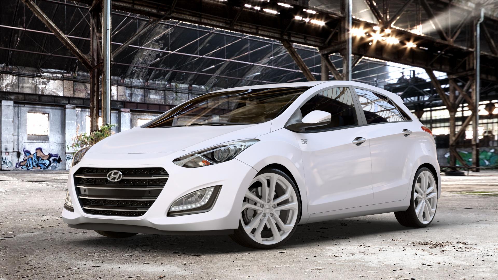 DEZENT TA SILVER Felge mit Reifen silber in 19Zoll Winterfelge Alufelge auf weissem Hyundai i30 Typ GDH Facelift ⬇️ mit 15mm Tieferlegung ⬇️ Old Industrial Hall_max_4400mm_2024 Frontansicht_1