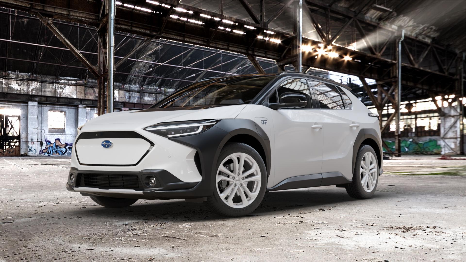 DEZENT TA SILVER Felge mit Reifen silber in 19Zoll Winterfelge Alufelge auf weissem Subaru Solterra Typ EAM1S(M) ⬇️ mit 15mm Tieferlegung ⬇️ Old Industrial Hall_max_5300mm_2024 Frontansicht_1