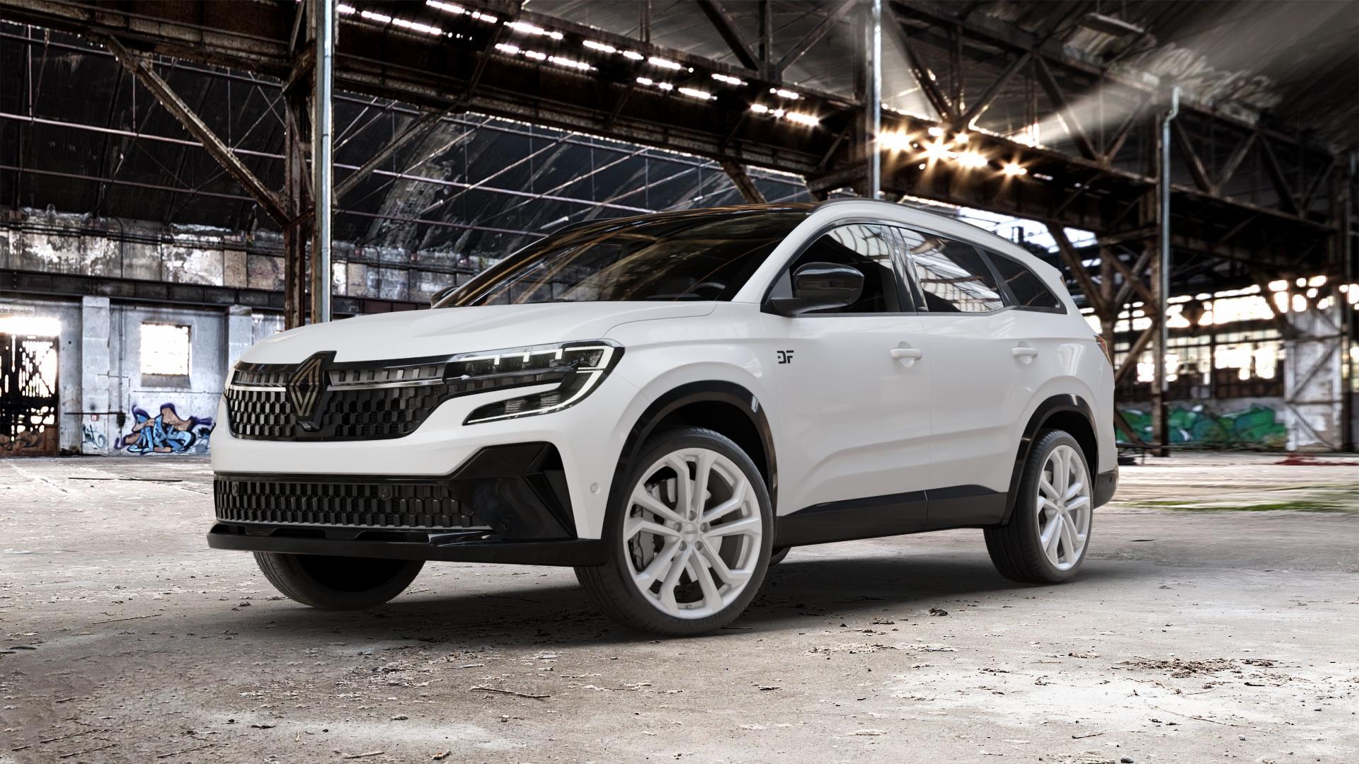 DEZENT TA SILVER Felge mit Reifen silber in 20Zoll Winterfelge Alufelge auf weissem Renault Espace VI Typ RHN ⬇️ mit 15mm Tieferlegung ⬇️ Old Industrial Hall_max_5300mm_2024 Frontansicht_1