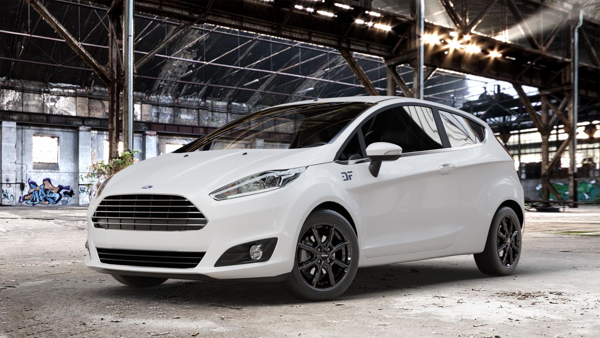 DEZENT TN BLACK Felge mit Reifen schwarz in 15Zoll Winterfelge Alufelge auf weissem Ford Fiesta VI Typ JA8 Facelift ⬇️ mit 15mm Tieferlegung ⬇️ Old Industrial Hall_max_4400mm_2024 Frontansicht_1