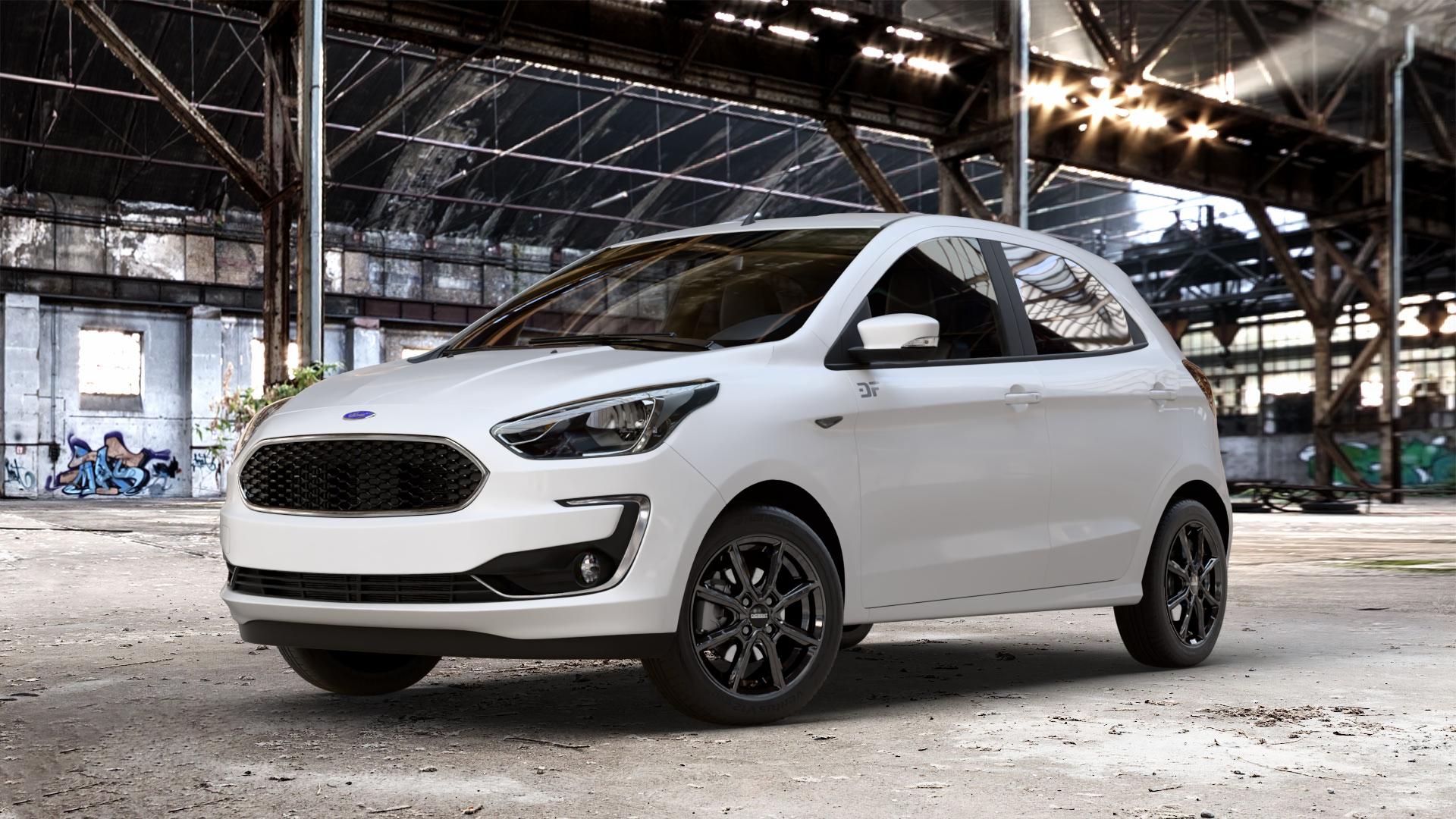 DEZENT TN BLACK Felge mit Reifen schwarz in 15Zoll Winterfelge Alufelge auf weissem Ford KA+ Typ KAF ACTIVE Facelift KA ⬇️ mit 15mm Tieferlegung ⬇️ Old Industrial Hall_max_4400mm_2024 Frontansicht_1