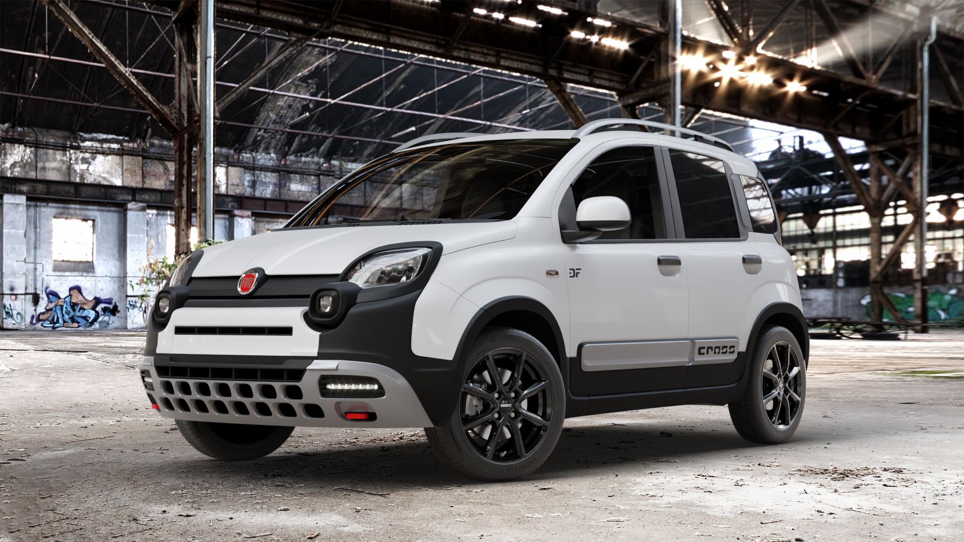 DEZENT TN BLACK Felge mit Reifen schwarz in 16Zoll Winterfelge Alufelge auf weissem Fiat Panda Cross Typ 312 ⬇️ mit 15mm Tieferlegung ⬇️ Old Industrial Hall_max_4400mm_2024 Frontansicht_1