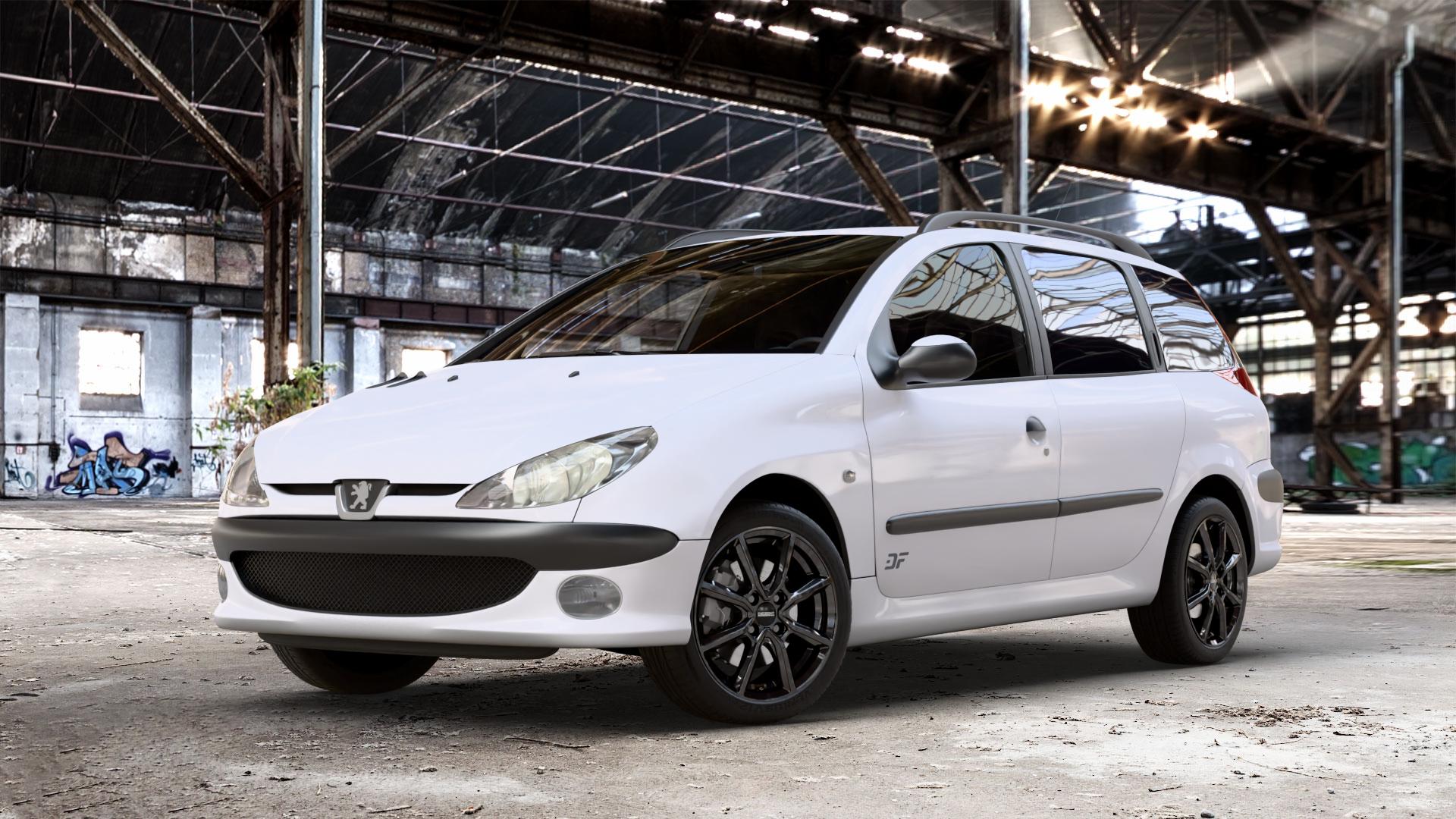 DEZENT TN BLACK Felge mit Reifen schwarz in 16Zoll Winterfelge Alufelge auf weissem Peugeot 206 SW 1,4l 55kW (75 PS) 65kW (88 1,6l 80kW (109 2,0l 100kW (136 HDi 66kW (90 50kW (68 1,1l 44kW (60 ⬇️ mit 15mm Tieferlegung ⬇️ Old Industrial Hall_max_4400mm_2024 Frontansicht_1