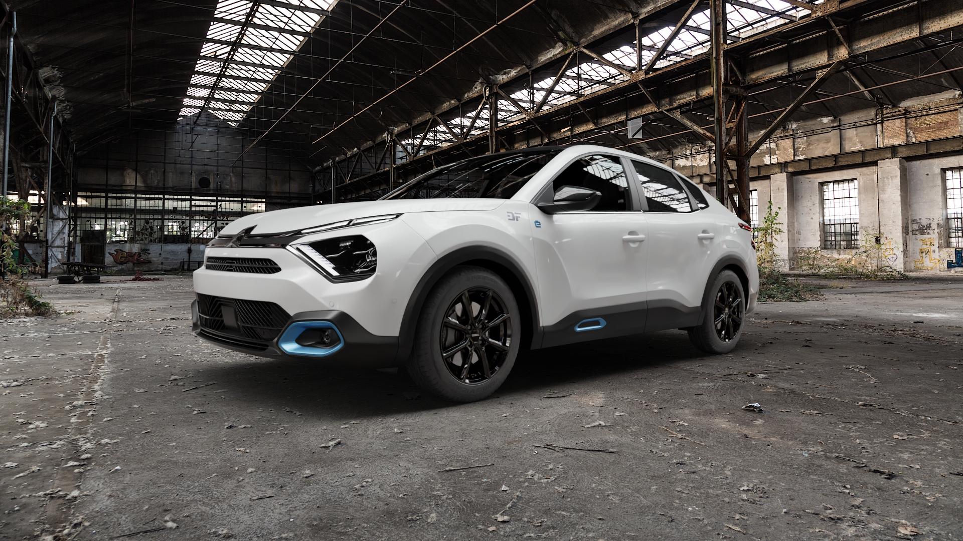 DEZENT TN BLACK Felge mit Reifen schwarz in 17Zoll Winterfelge Alufelge auf weissem Citroen C4 X Typ B 0,0l e-C4 57kW (77 PS) ⬇️ mit 15mm Tieferlegung ⬇️ Old Industrial Hall_max5000mm_2022 Frontansicht_1