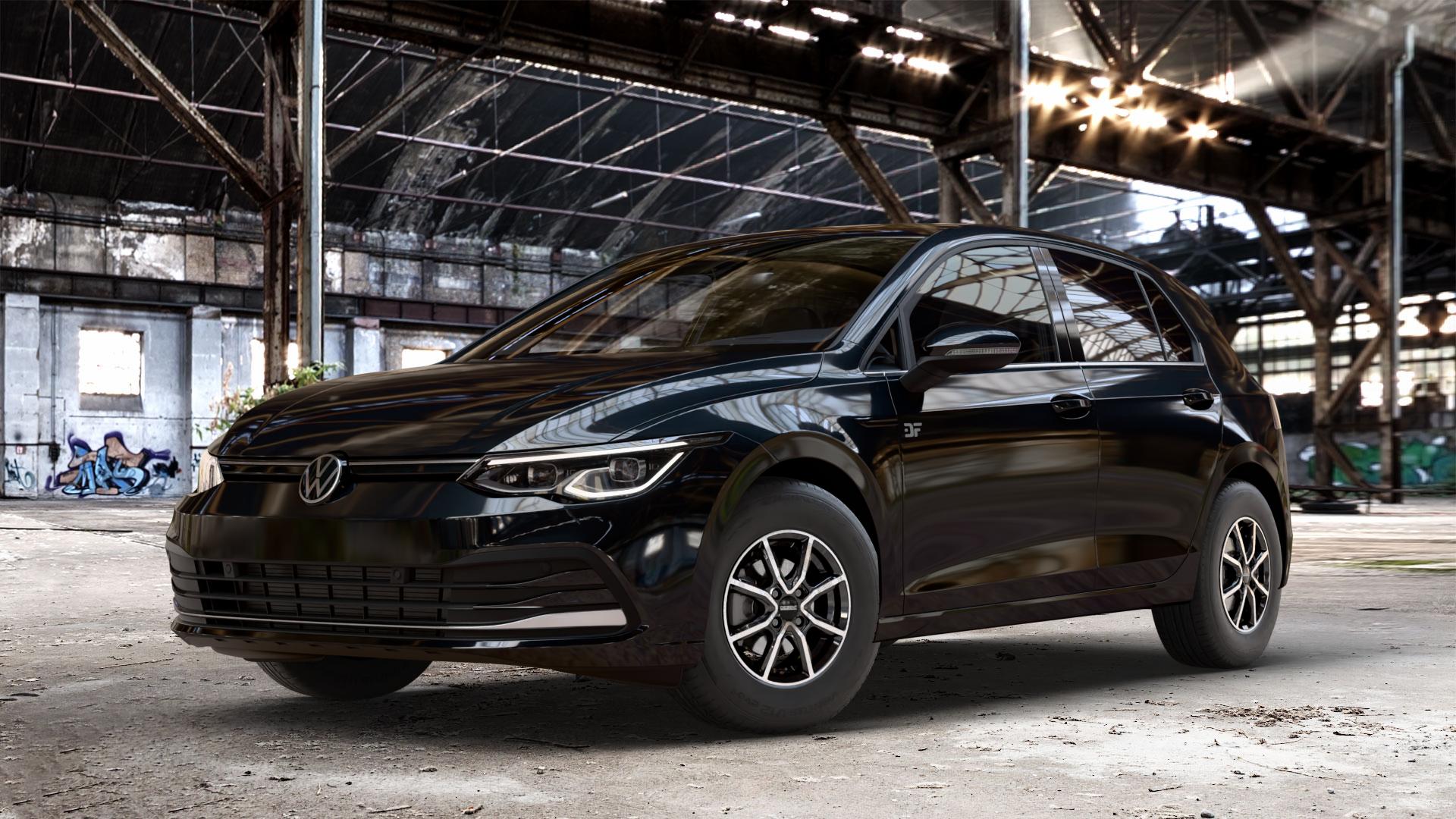 DEZENT TN BLACK/POLISHED Felge mit Reifen silber schwarz mehrfarbig in 14Zoll Winterfelge Alufelge auf metallic schwarzem Volkswagen (VW) Golf 8 1,5l TSI 96kW (131 PS) 110kW (150 2,0l TDI 85kW (116 Mild-Hybrid 1,0l 81kW (110 66kW (90 1,4l Hybrid TGI 4Motion 140kW (190 ⬇️ mit 15mm Tieferlegung ⬇️ Old Industrial Hall_max_4400mm_2024 Frontansicht_1