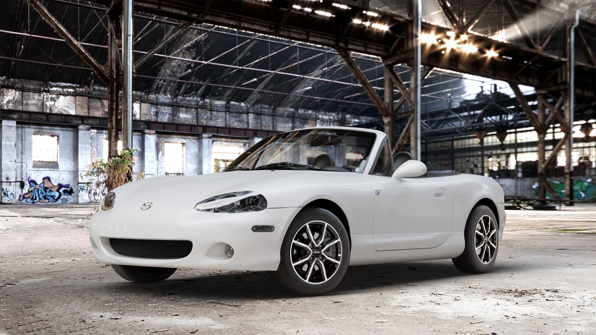DEZENT TN BLACK/POLISHED Felge mit Reifen silber schwarz mehrfarbig in 14Zoll Winterfelge Alufelge auf weissem Mazda MX-5 II (NB) ⬇️ mit 15mm Tieferlegung ⬇️ Old Industrial Hall_max_4400mm_2024 Frontansicht_1