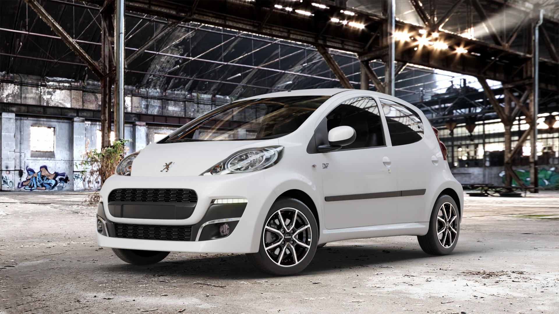 DEZENT TN BLACK/POLISHED Felge mit Reifen silber schwarz mehrfarbig in 14Zoll Winterfelge Alufelge auf weissem Peugeot 107 ⬇️ mit 15mm Tieferlegung ⬇️ Old Industrial Hall_max_4400mm_2024 Frontansicht_1