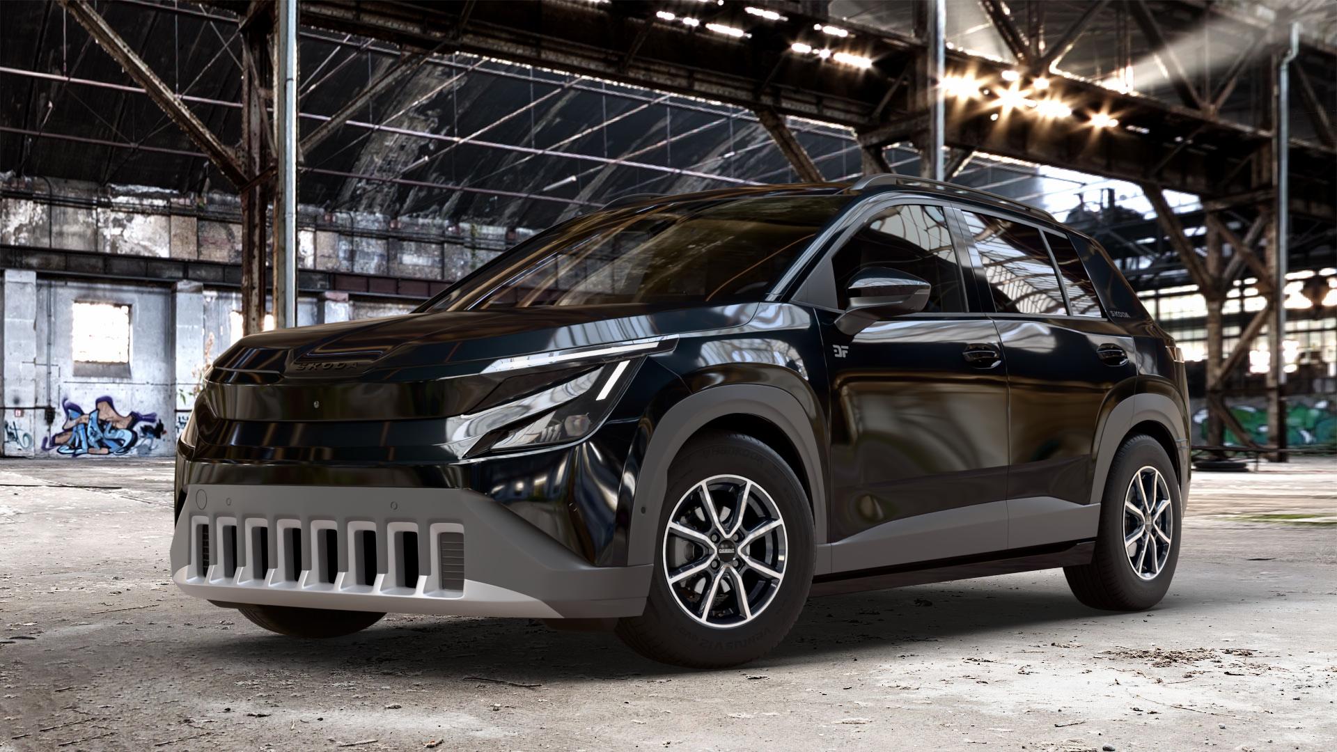 DEZENT TN BLACK/POLISHED Felge mit Reifen silber schwarz mehrfarbig in 15Zoll Winterfelge Alufelge auf metallic schwarzem Skoda Epiq Typ PX ⬇️ mit 15mm Tieferlegung ⬇️ Old Industrial Hall_max_4400mm_2024 Frontansicht_1