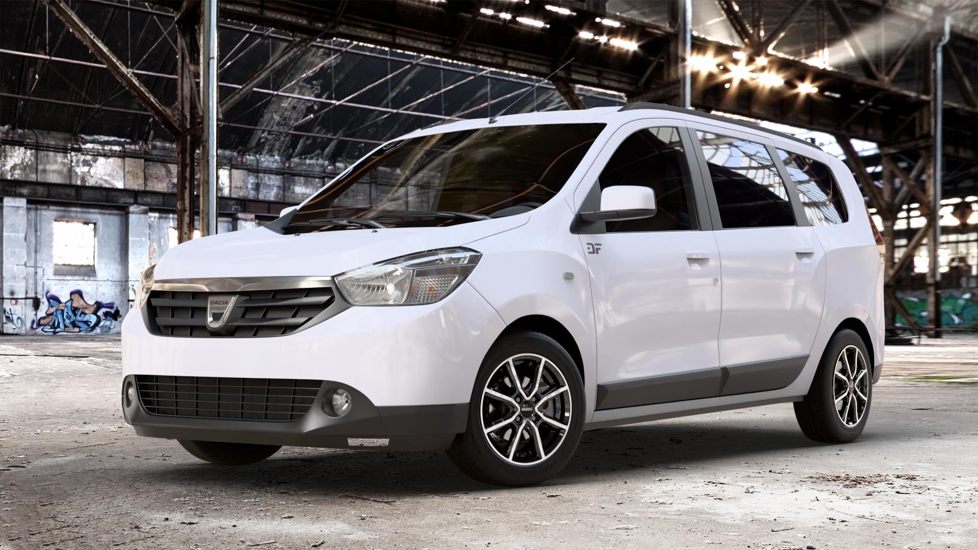DEZENT TN BLACK/POLISHED Felge mit Reifen silber schwarz mehrfarbig in 15Zoll Winterfelge Alufelge auf weissem Dacia Lodgy Typ SD 1,6l MPI 61kW (83 PS) 1,2l TCe 85kW (116 1,5l dCi 66kW (90 79kW (107 80kW (109 75kW (102 LPG ⬇️ mit 15mm Tieferlegung ⬇️ Old Industrial Hall_max_4400mm_2024 Frontansicht_1