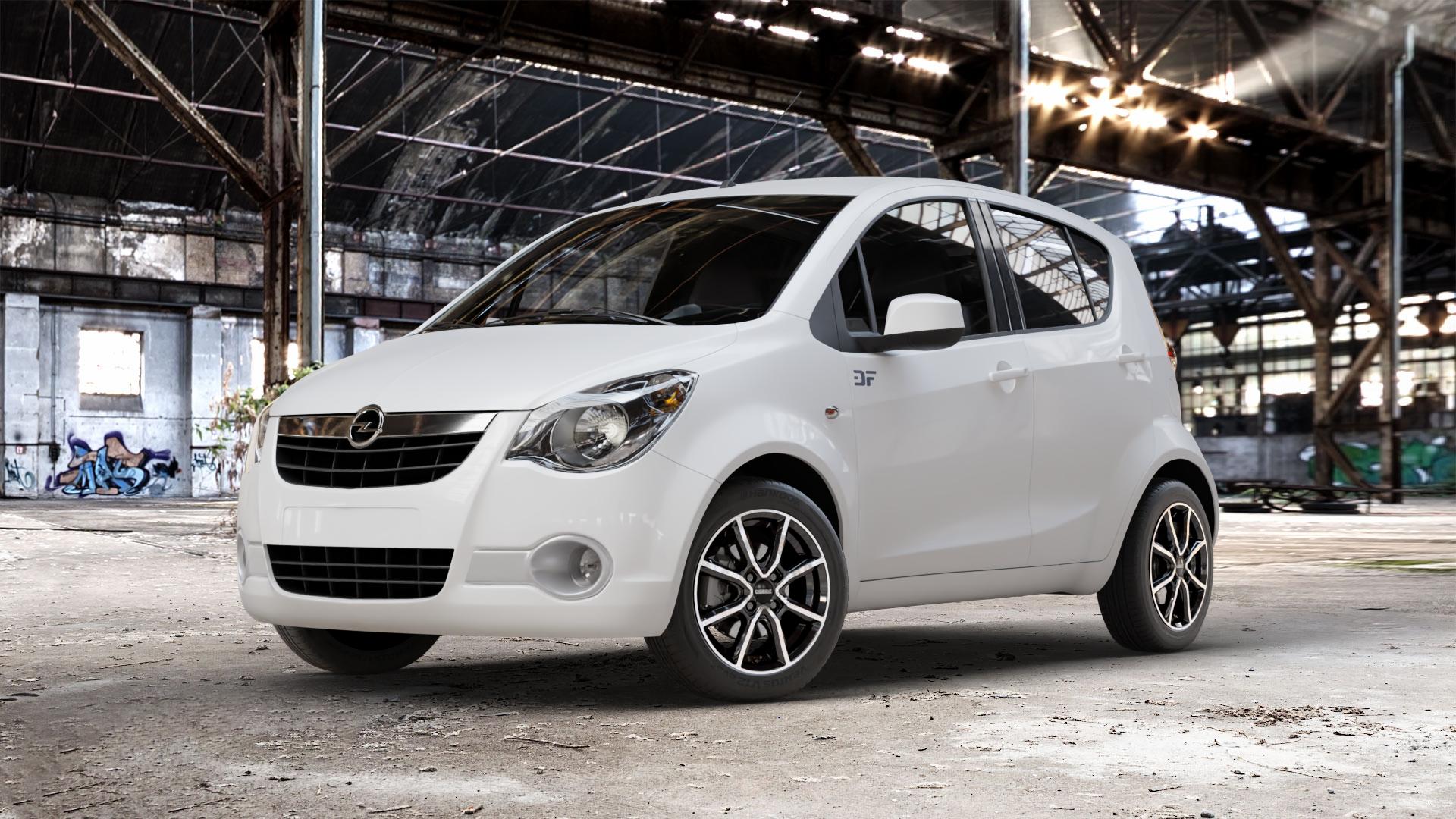 DEZENT TN BLACK/POLISHED Felge mit Reifen silber schwarz mehrfarbig in 15Zoll Winterfelge Alufelge auf weissem Opel Agila Typ H-B ⬇️ mit 15mm Tieferlegung ⬇️ Old Industrial Hall_max_4400mm_2024 Frontansicht_1