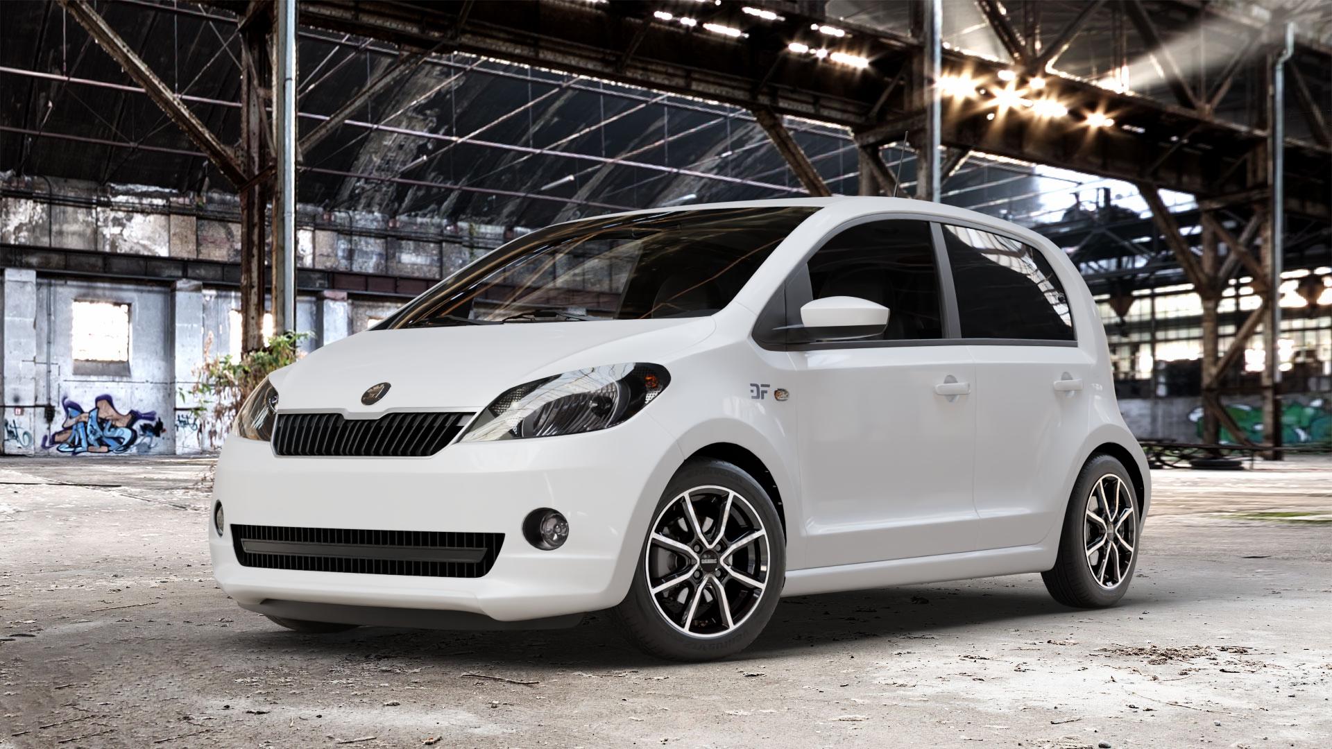 DEZENT TN BLACK/POLISHED Felge mit Reifen silber schwarz mehrfarbig in 15Zoll Winterfelge Alufelge auf weissem Skoda Citigo Typ AA ⬇️ mit 15mm Tieferlegung ⬇️ Old Industrial Hall_max_4400mm_2024 Frontansicht_1