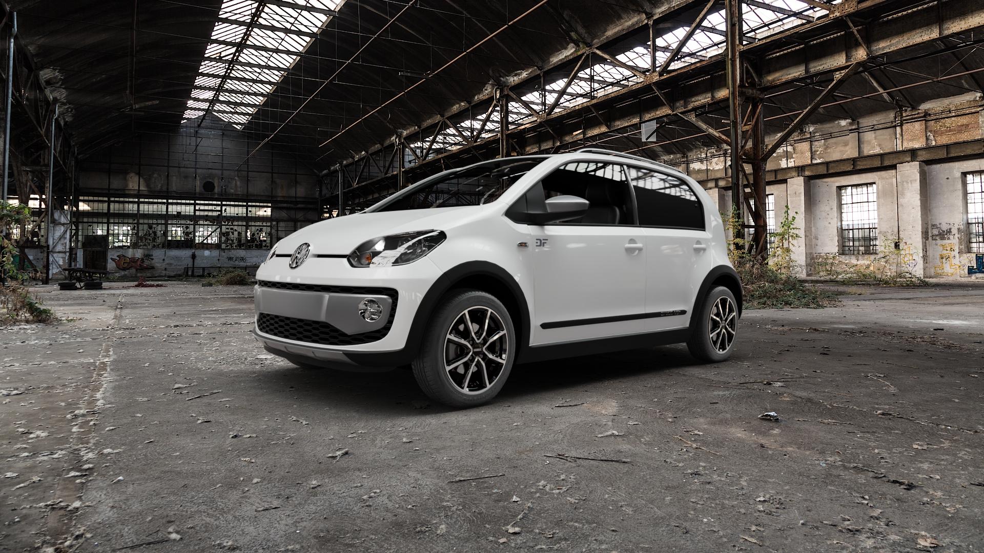DEZENT TN BLACK/POLISHED Felge mit Reifen silber schwarz mehrfarbig in 15Zoll Winterfelge Alufelge auf weissem Volkswagen (VW) UP Cross ⬇️ mit 15mm Tieferlegung ⬇️ Old Industrial Hall_max5000mm_2022 Frontansicht_1