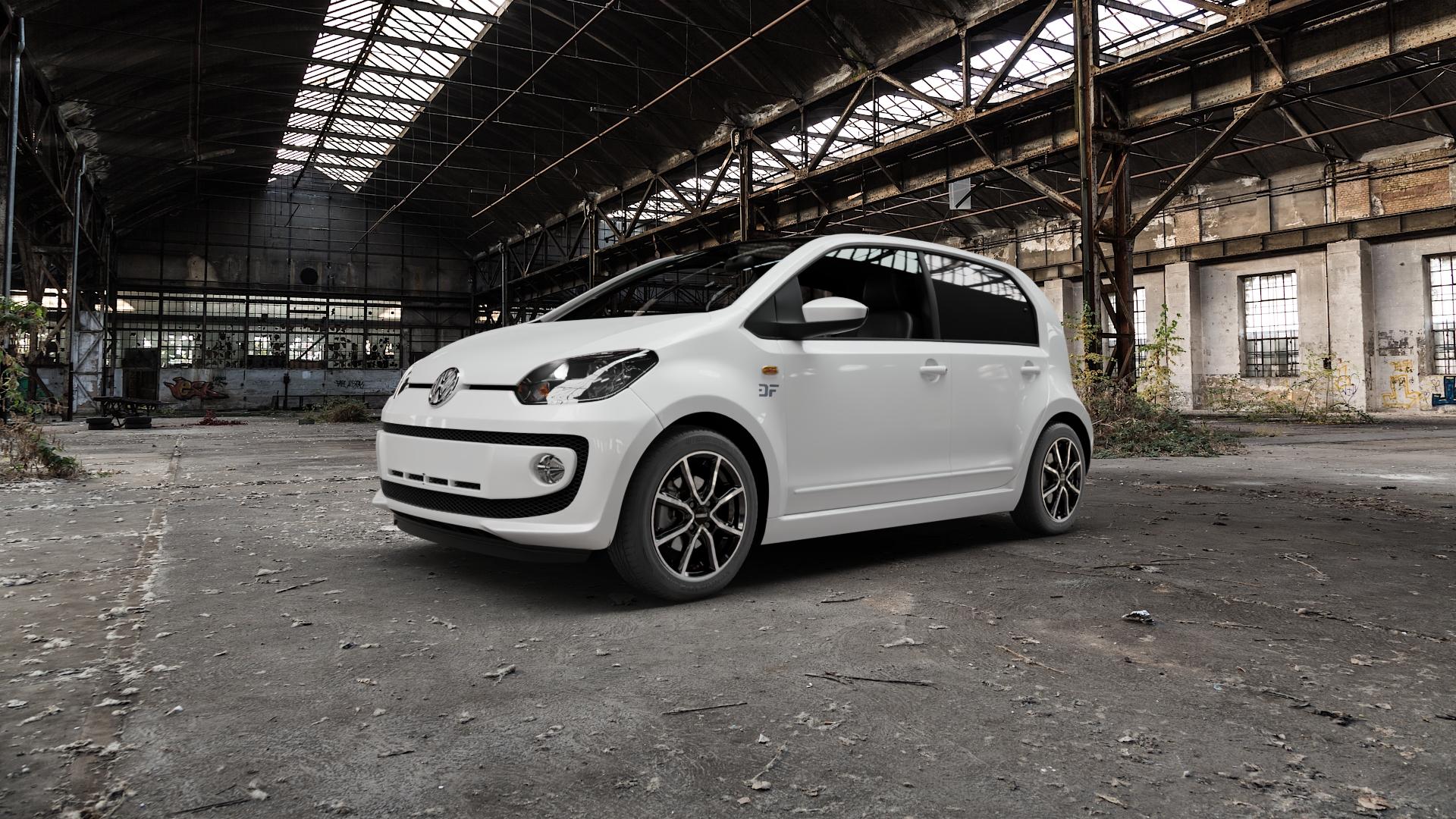 DEZENT TN BLACK/POLISHED Felge mit Reifen silber schwarz mehrfarbig in 15Zoll Winterfelge Alufelge auf weissem Volkswagen (VW) UP ⬇️ mit 15mm Tieferlegung ⬇️ Old Industrial Hall_max5000mm_2022 Frontansicht_1