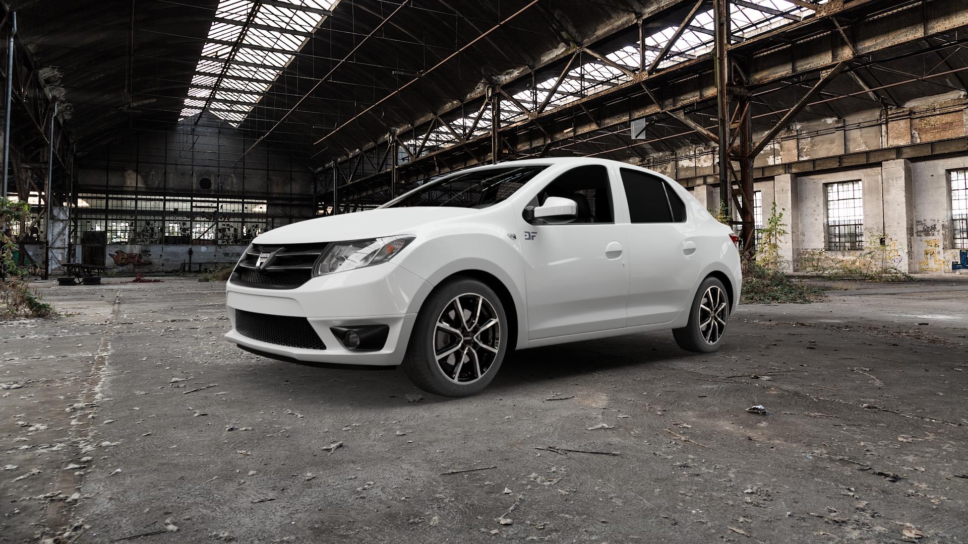 DEZENT TN BLACK/POLISHED Felge mit Reifen silber schwarz mehrfarbig in 16Zoll Winterfelge Alufelge auf weissem Dacia Logan II Typ SD ⬇️ mit 15mm Tieferlegung ⬇️ Old Industrial Hall_max5000mm_2022 Frontansicht_1