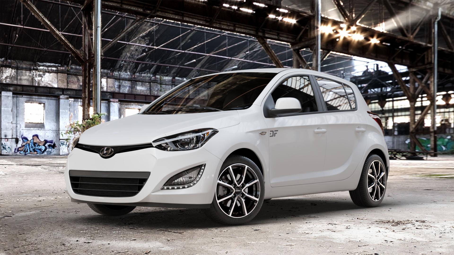 DEZENT TN BLACK/POLISHED Felge mit Reifen silber schwarz mehrfarbig in 16Zoll Winterfelge Alufelge auf weissem Hyundai i20 Typ PB, PBT Facelift (12->) ⬇️ mit 15mm Tieferlegung ⬇️ Old Industrial Hall_max_4400mm_2024 Frontansicht_1
