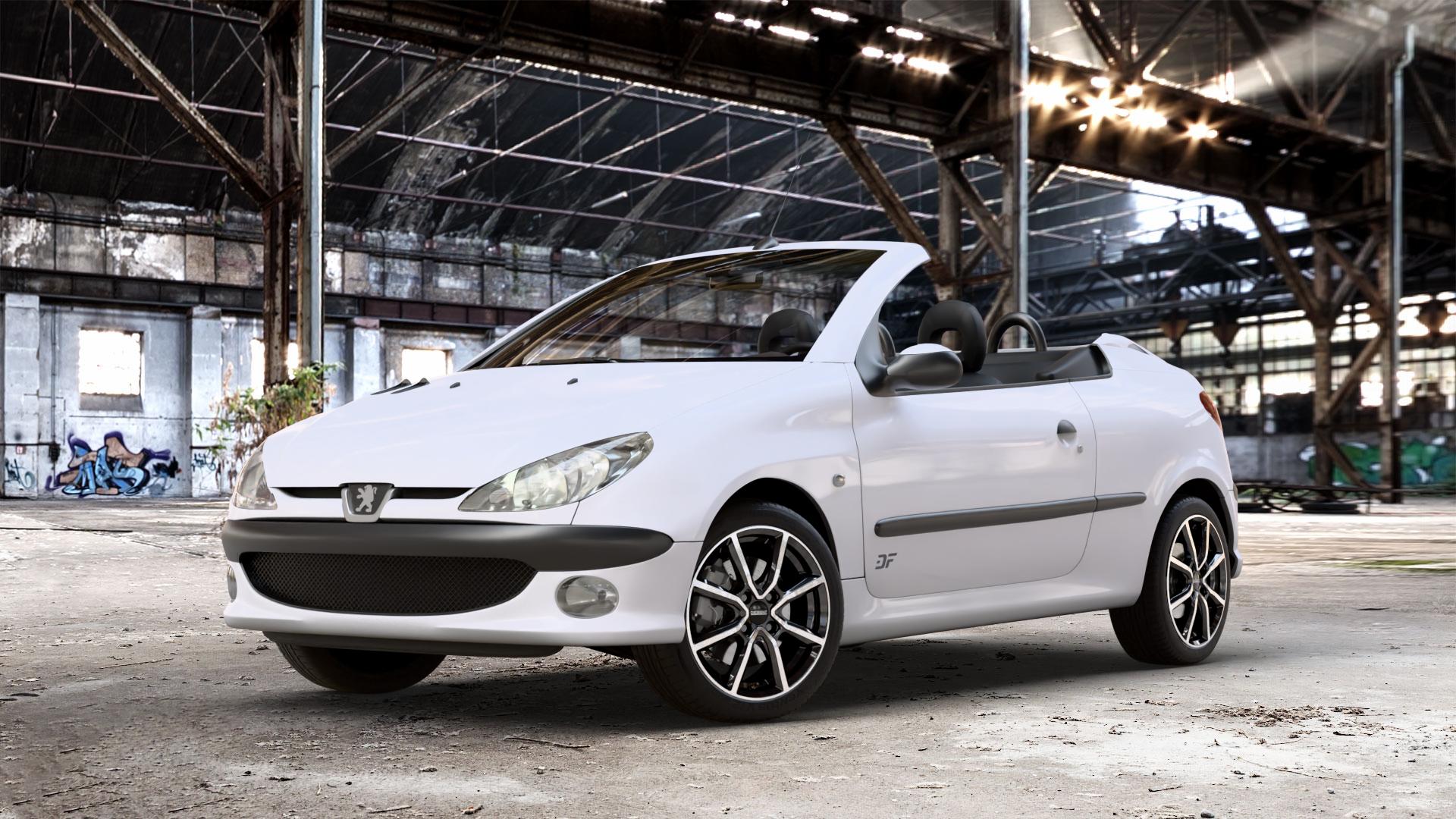 DEZENT TN BLACK/POLISHED Felge mit Reifen silber schwarz mehrfarbig in 16Zoll Winterfelge Alufelge auf weissem Peugeot 206 CC 1,6l HDi FAP 80kW (109 PS) 16V 2,0l 100kW (136 ⬇️ mit 15mm Tieferlegung ⬇️ Old Industrial Hall_max_4400mm_2024 Frontansicht_1
