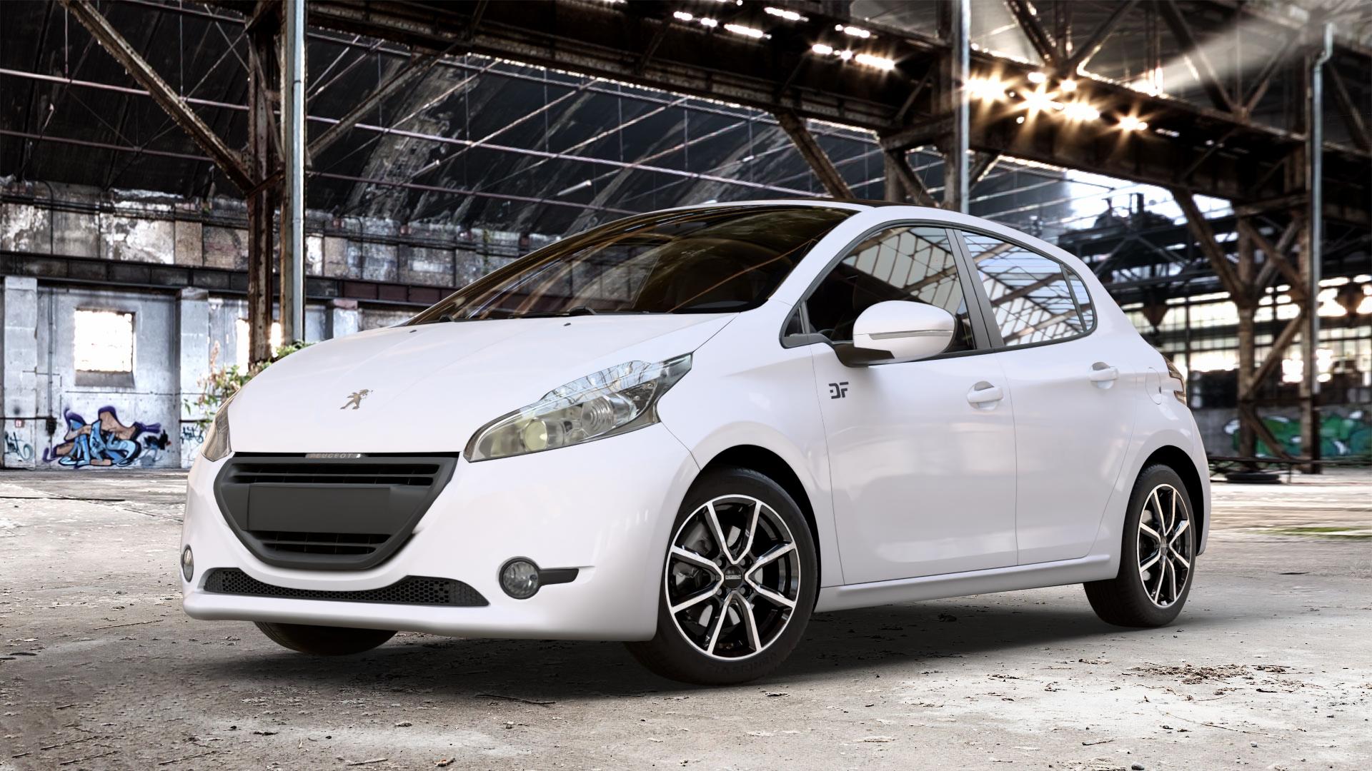 DEZENT TN BLACK/POLISHED Felge mit Reifen silber schwarz mehrfarbig in 16Zoll Winterfelge Alufelge auf weissem Peugeot 208 Typ C ⬇️ mit 15mm Tieferlegung ⬇️ Old Industrial Hall_max_4400mm_2024 Frontansicht_1