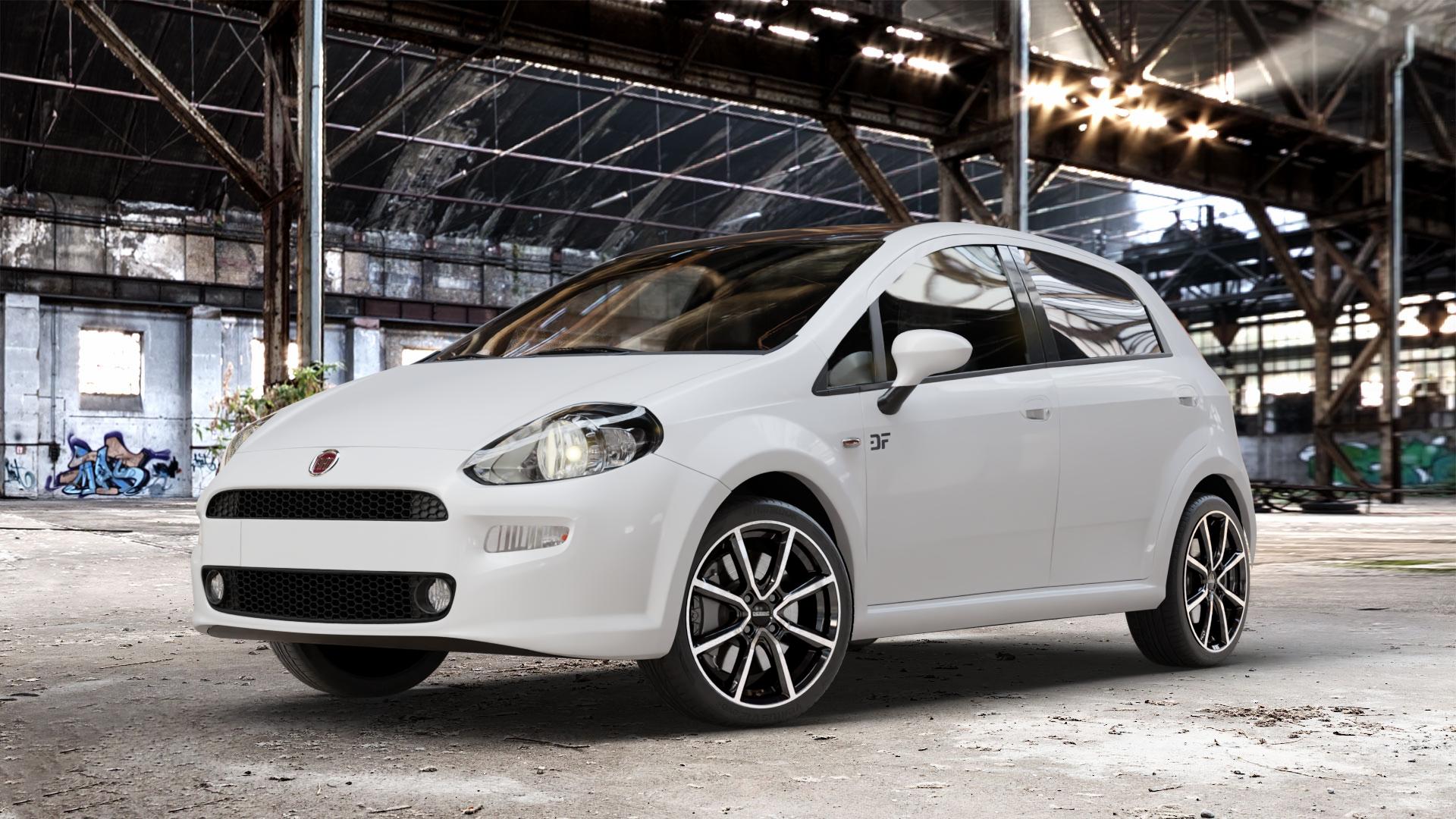 DEZENT TN BLACK/POLISHED Felge mit Reifen silber schwarz mehrfarbig in 17Zoll Winterfelge Alufelge auf weissem Fiat Punto / Grande Typ 199 (12->) ⬇️ mit 15mm Tieferlegung ⬇️ Old Industrial Hall_max_4400mm_2024 Frontansicht_1