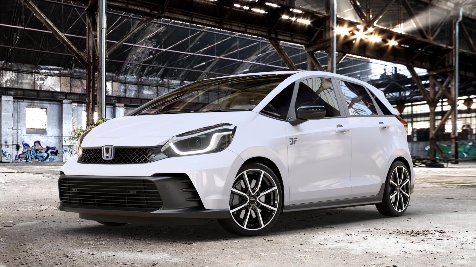 DEZENT TN BLACK/POLISHED Felge mit Reifen silber schwarz mehrfarbig in 17Zoll Winterfelge Alufelge auf weissem Honda Jazz V (GR) Facelift 1,5l e:HEV 79kW Mild-Hybrid (107 PS) ⬇️ mit 15mm Tieferlegung ⬇️ Old Industrial Hall_max_4400mm_2024 Frontansicht_1