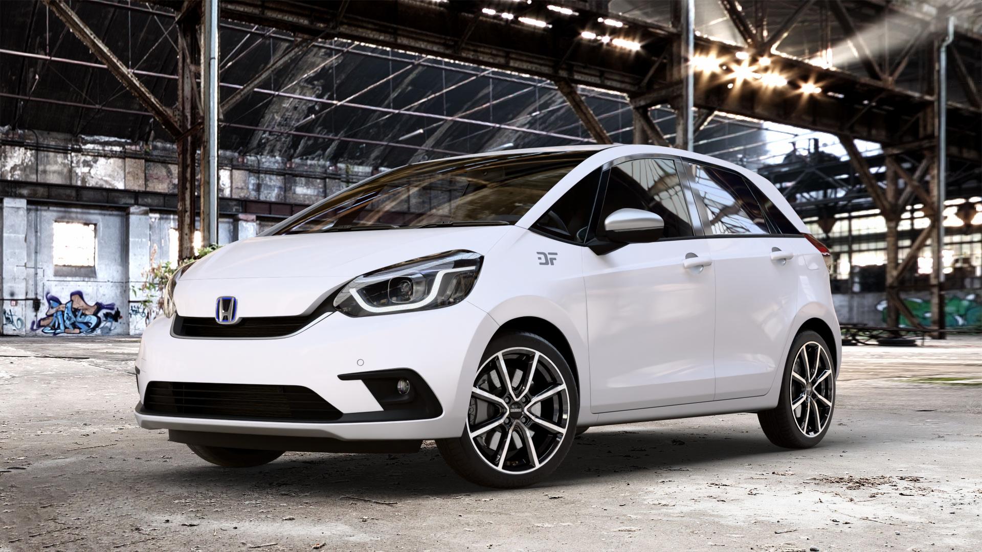 DEZENT TN BLACK/POLISHED Felge mit Reifen silber schwarz mehrfarbig in 17Zoll Winterfelge Alufelge auf weissem Honda Jazz V (GR) ⬇️ mit 15mm Tieferlegung ⬇️ Old Industrial Hall_max_4400mm_2024 Frontansicht_1