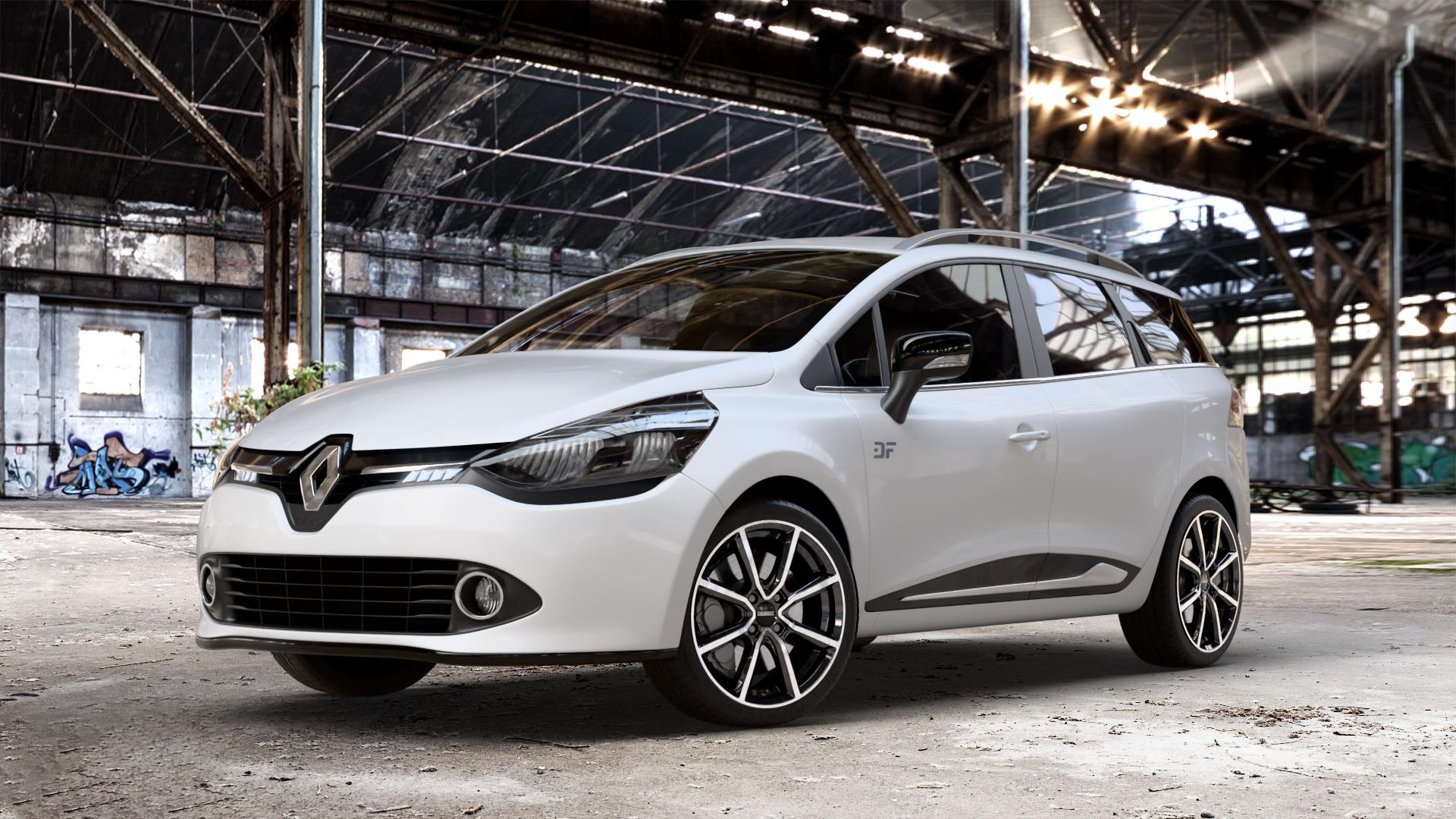 DEZENT TN BLACK/POLISHED Felge mit Reifen silber schwarz mehrfarbig in 17Zoll Winterfelge Alufelge auf weissem Renault Clio IV Grandtour Typ R ⬇️ mit 15mm Tieferlegung ⬇️ Old Industrial Hall_max_4400mm_2024 Frontansicht_1