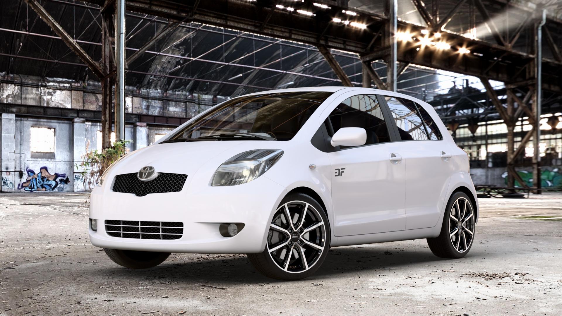 DEZENT TN BLACK/POLISHED Felge mit Reifen silber schwarz mehrfarbig in 17Zoll Winterfelge Alufelge auf weissem Toyota Yaris II Typ XP9F ⬇️ mit 15mm Tieferlegung ⬇️ Old Industrial Hall_max_4400mm_2024 Frontansicht_1