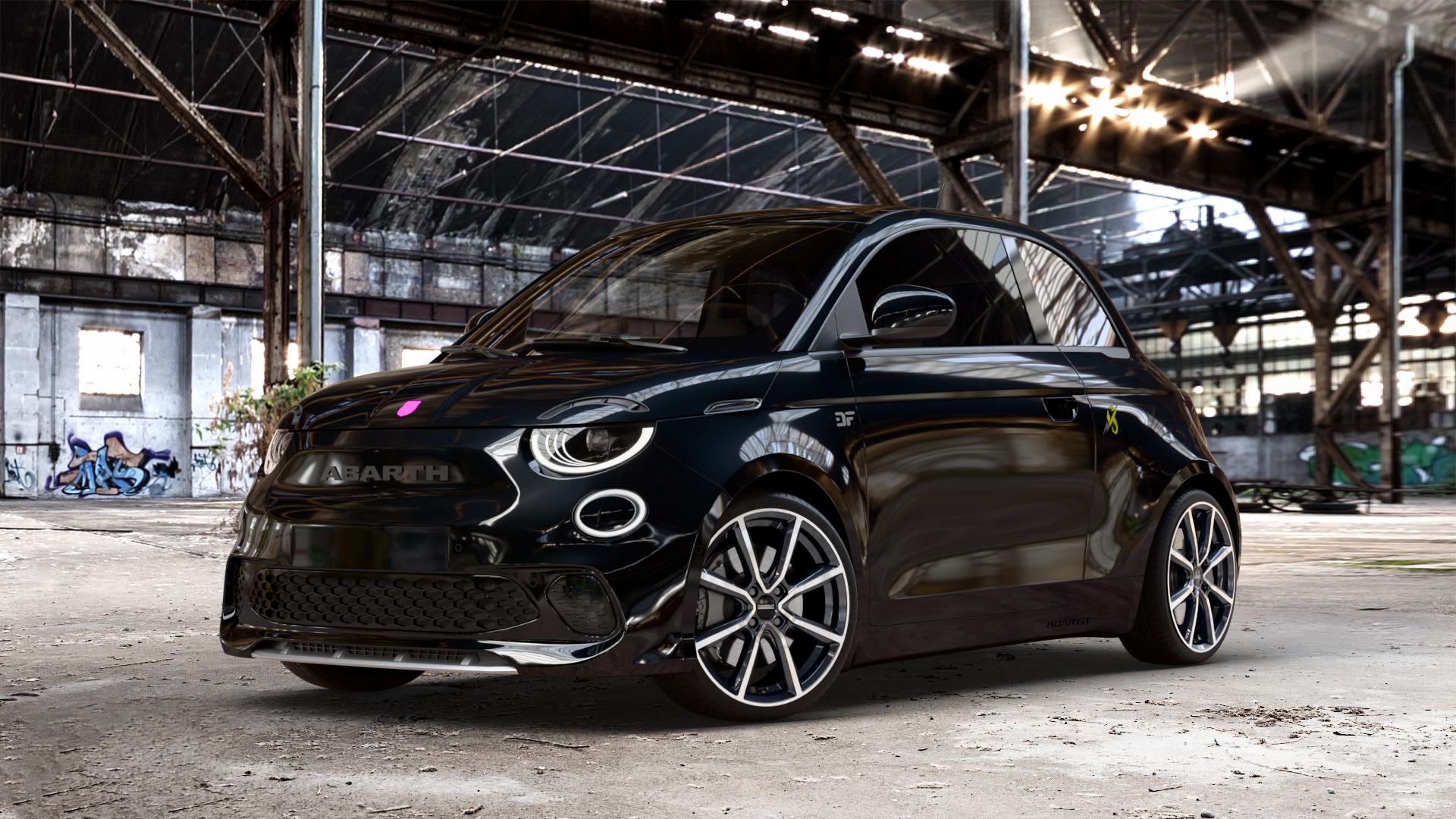 DEZENT TN BLACK/POLISHED Felge mit Reifen silber schwarz mehrfarbig in 18Zoll Winterfelge Alufelge auf schwarzem Fiat 500e Abarth Typ FA1 ⬇️ mit 15mm Tieferlegung ⬇️ Old Industrial Hall_max_4400mm_2024 Frontansicht_1