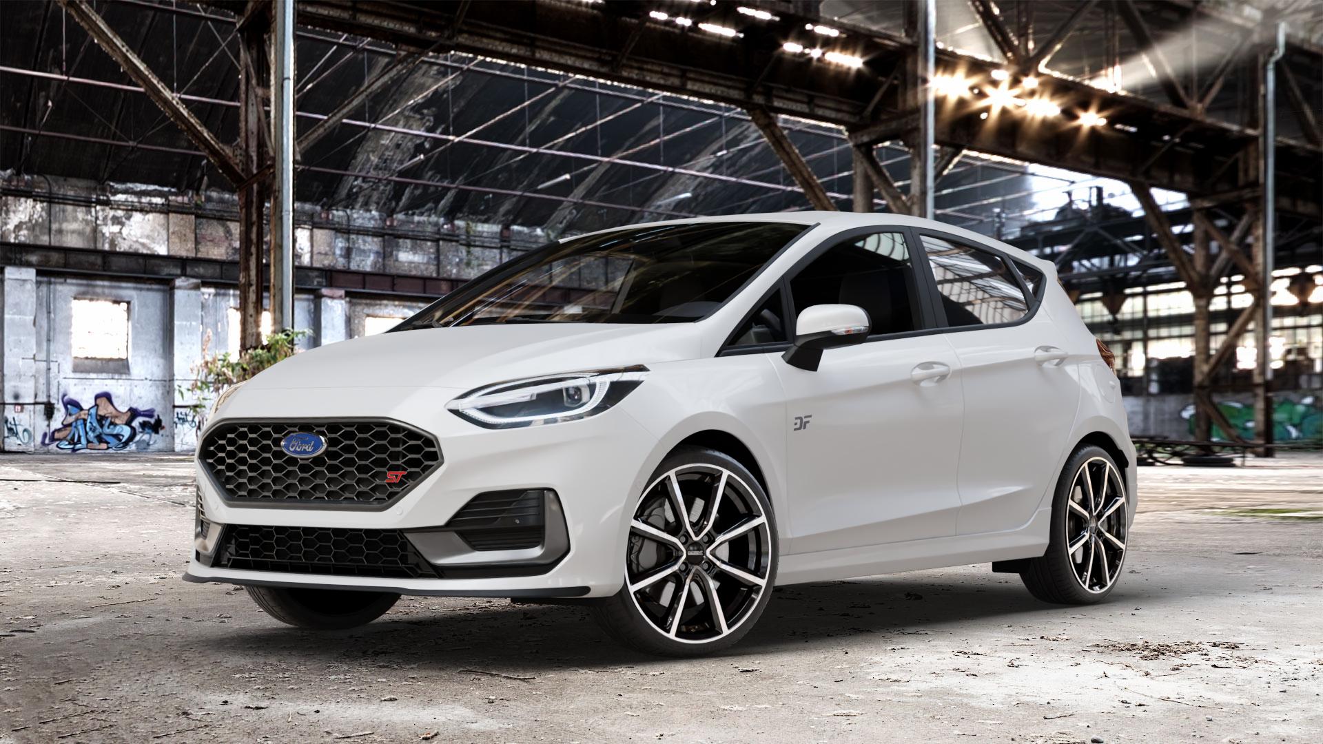 DEZENT TN BLACK/POLISHED Felge mit Reifen silber schwarz mehrfarbig in 18Zoll Winterfelge Alufelge auf weissem Ford Fiesta VII Typ JHH Facelift 1,5l EcoBoost 147kW ST (200 PS) ⬇️ mit 15mm Tieferlegung ⬇️ Old Industrial Hall_max_4400mm_2024 Frontansicht_1
