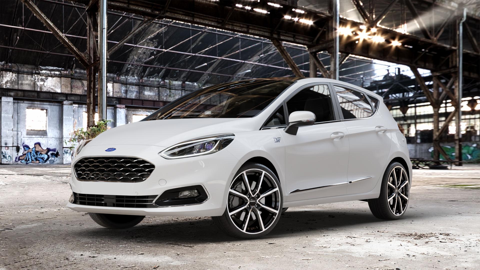 DEZENT TN BLACK/POLISHED Felge mit Reifen silber schwarz mehrfarbig in 18Zoll Winterfelge Alufelge auf weissem Ford Fiesta VII Typ JHH ⬇️ mit 15mm Tieferlegung ⬇️ Old Industrial Hall_max_4400mm_2024 Frontansicht_1