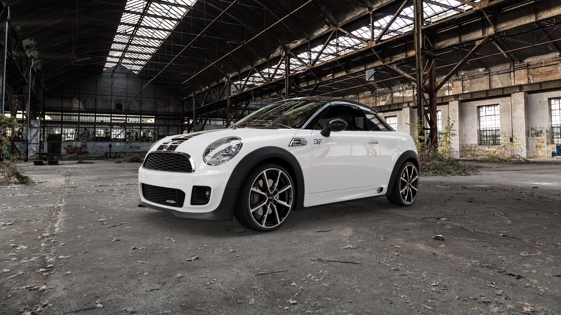 DEZENT TN BLACK/POLISHED Felge mit Reifen silber schwarz mehrfarbig in 18Zoll Winterfelge Alufelge auf weissem Mini R58 Typ UKL-C (Coupe) 1,6l Cooper 90kW (122 PS) S 135kW (184 2,0l SD 105kW (143 JCW 155kW (211 ⬇️ mit 15mm Tieferlegung ⬇️ Old Industrial Hall_max5000mm_2022 Frontansicht_1