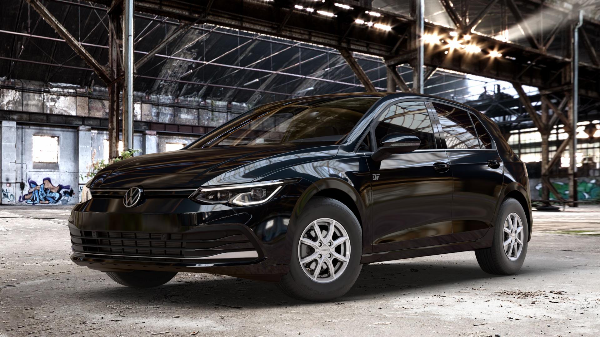 DEZENT TN SILVER Felge mit Reifen silber in 14Zoll Winterfelge Alufelge auf metallic schwarzem Volkswagen (VW) Golf 8 1,5l TSI 96kW (131 PS) 110kW (150 2,0l TDI 85kW (116 Mild-Hybrid 1,0l 81kW (110 66kW (90 1,4l Hybrid TGI 4Motion 140kW (190 ⬇️ mit 15mm Tieferlegung ⬇️ Old Industrial Hall_max_4400mm_2024 Frontansicht_1