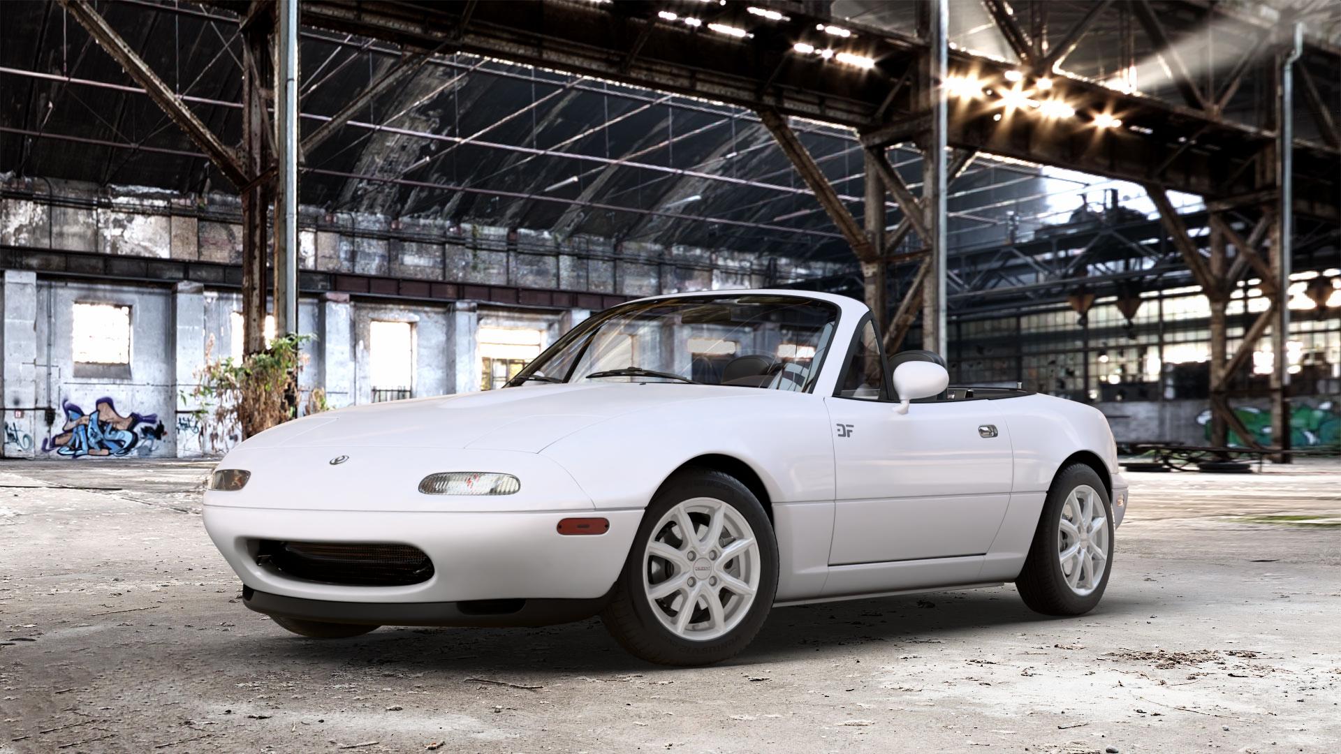 DEZENT TN SILVER Felge mit Reifen silber in 14Zoll Winterfelge Alufelge auf weissem Mazda MX-5 I (NA) ⬇️ mit 15mm Tieferlegung ⬇️ Old Industrial Hall_max_4400mm_2024 Frontansicht_1