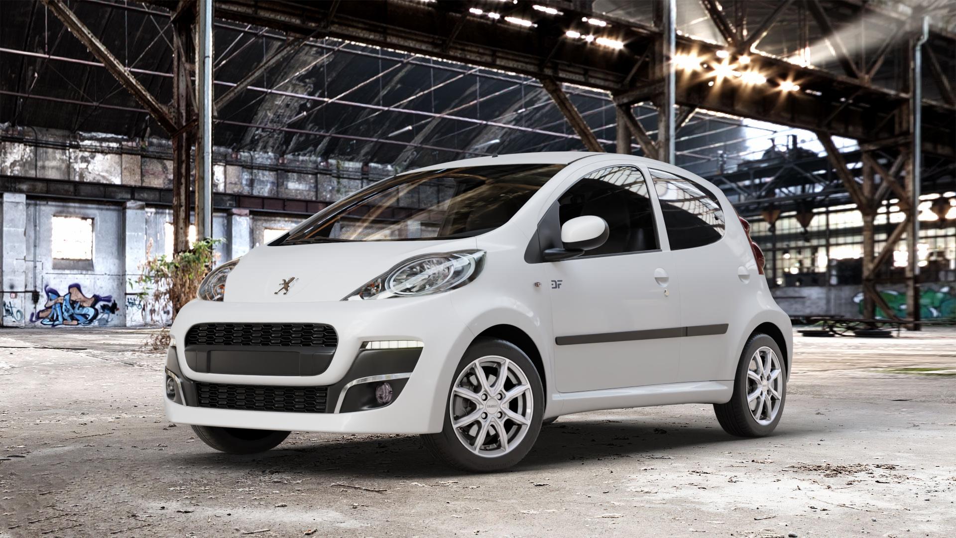 DEZENT TN SILVER Felge mit Reifen silber in 14Zoll Winterfelge Alufelge auf weissem Peugeot 107 ⬇️ mit 15mm Tieferlegung ⬇️ Old Industrial Hall_max_4400mm_2024 Frontansicht_1