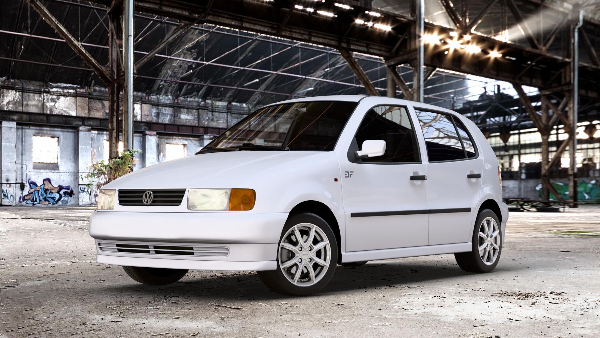 DEZENT TN SILVER Felge mit Reifen silber in 14Zoll Winterfelge Alufelge auf weissem Volkswagen (VW) Polo III Typ 6N Classic 6N2 Variant 6NF LKW ⬇️ mit 15mm Tieferlegung ⬇️ Old Industrial Hall_max_4400mm_2024 Frontansicht_1