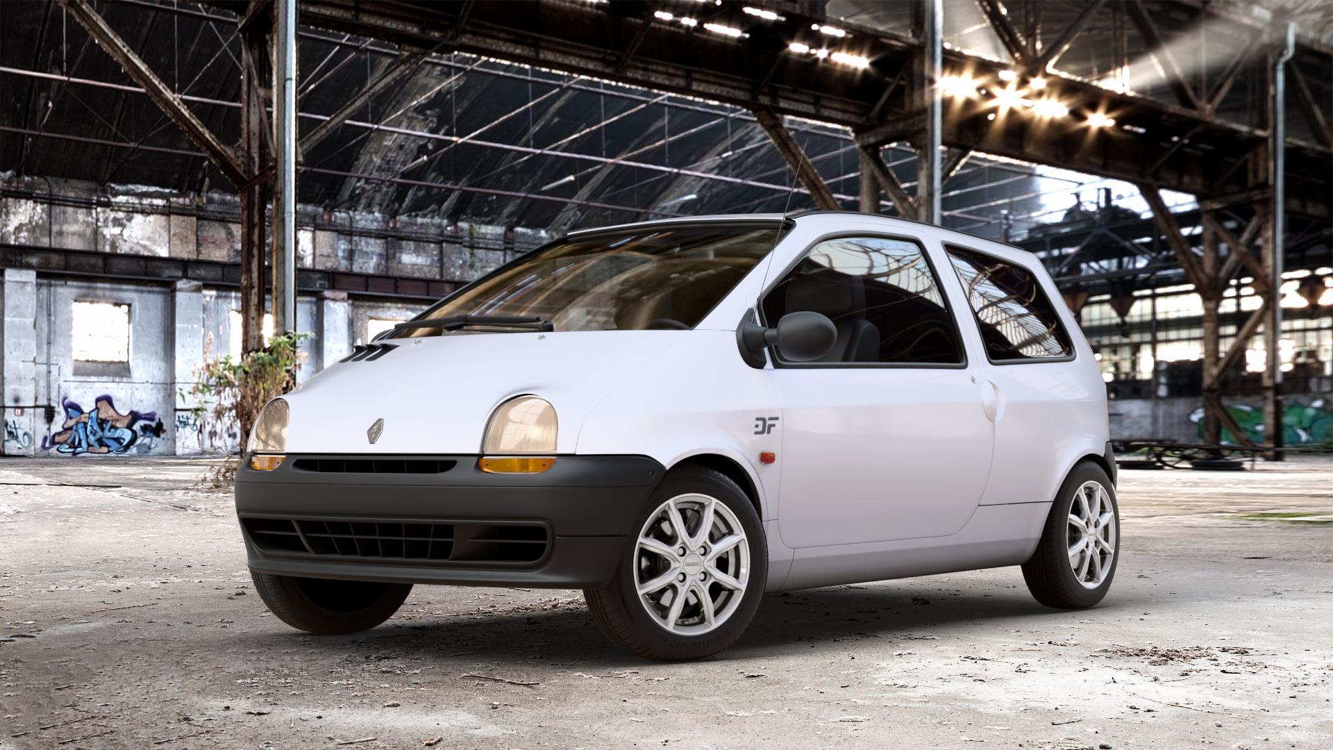 DEZENT TN SILVER Felge mit Reifen silber in 14Zoll Winterfelge Alufelge auf weissen Renault Twingo I Typ C06 ⬇️ mit 15mm Tieferlegung ⬇️ Old Industrial Hall_max_4400mm_2024 Frontansicht_1