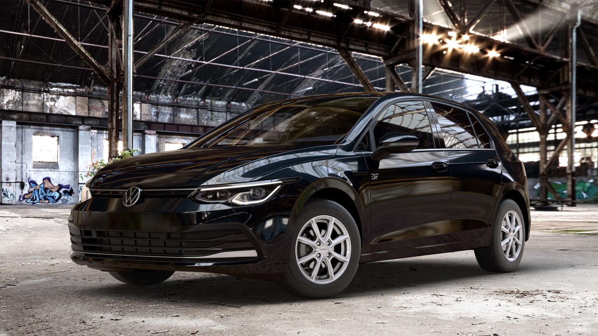 DEZENT TN SILVER Felge mit Reifen silber in 15Zoll Winterfelge Alufelge auf metallic schwarzem Volkswagen (VW) Golf 8 1,5l TSI 96kW (131 PS) 110kW (150 2,0l TDI 85kW (116 Mild-Hybrid 1,0l 81kW (110 66kW (90 1,4l Hybrid TGI 4Motion 140kW (190 ⬇️ mit 15mm Tieferlegung ⬇️ Old Industrial Hall_max_4400mm_2024 Frontansicht_1