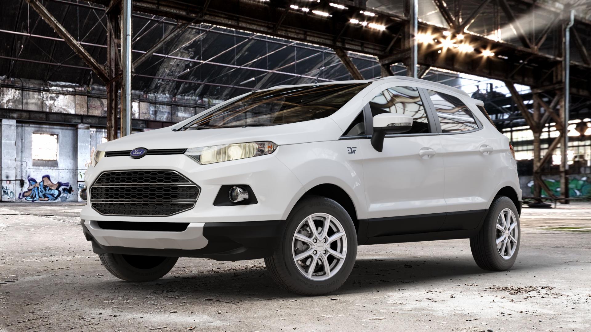 DEZENT TN SILVER Felge mit Reifen silber in 15Zoll Winterfelge Alufelge auf weissem Ford EcoSport Typ JK8 ⬇️ mit 15mm Tieferlegung ⬇️ Old Industrial Hall_max_4400mm_2024 Frontansicht_1