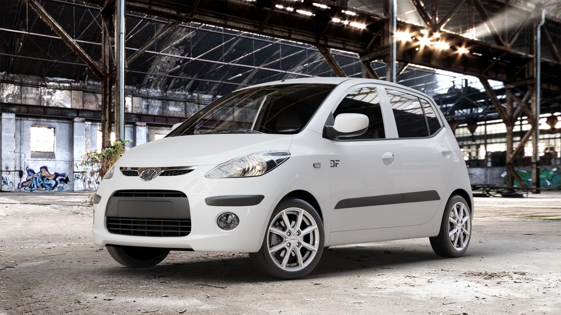 DEZENT TN SILVER Felge mit Reifen silber in 15Zoll Winterfelge Alufelge auf weissem Hyundai i10 Typ PA ⬇️ mit 15mm Tieferlegung ⬇️ Old Industrial Hall_max_4400mm_2024 Frontansicht_1