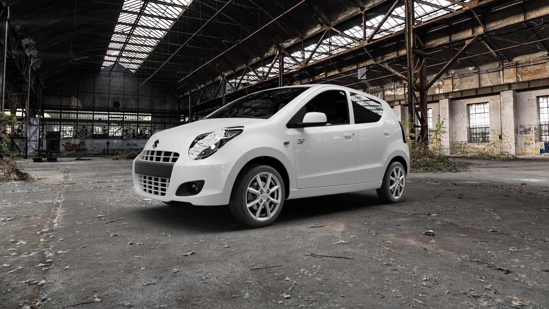 DEZENT TN SILVER Felge mit Reifen silber in 15Zoll Winterfelge Alufelge auf weissem Suzuki Alto Typ GF ⬇️ mit 15mm Tieferlegung ⬇️ Old Industrial Hall_max5000mm_2022 Frontansicht_1