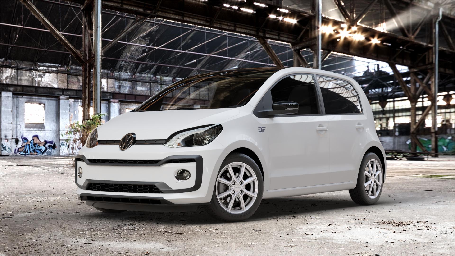 DEZENT TN SILVER Felge mit Reifen silber in 15Zoll Winterfelge Alufelge auf weissem Volkswagen (VW) UP Facelift ⬇️ mit 15mm Tieferlegung ⬇️ Old Industrial Hall_max_4400mm_2024 Frontansicht_1