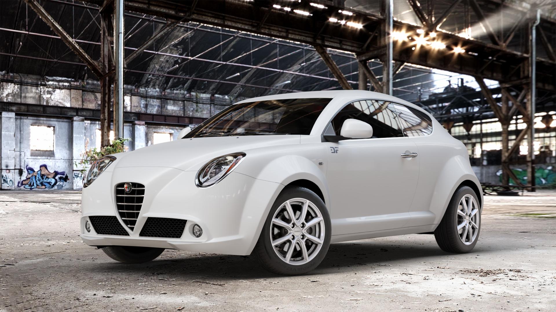 DEZENT TN SILVER Felge mit Reifen silber in 16Zoll Winterfelge Alufelge auf weissem Alfa Romeo Mito Typ 955 ⬇️ mit 15mm Tieferlegung ⬇️ Old Industrial Hall_max_4400mm_2024 Frontansicht_1