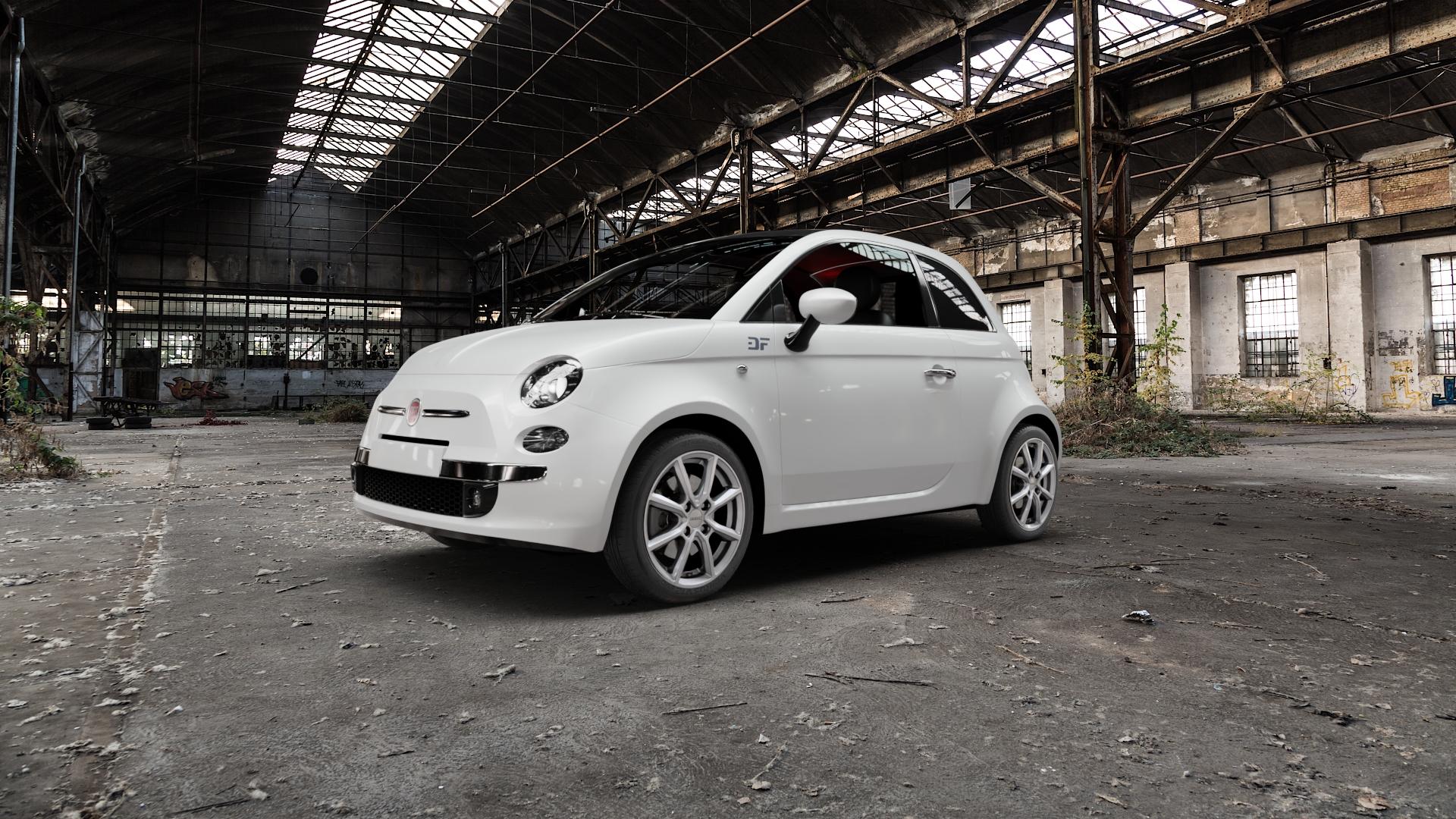 DEZENT TN SILVER Felge mit Reifen silber in 16Zoll Winterfelge Alufelge auf weissem Fiat 500 Typ 312 Cabrio Facelift ⬇️ mit 15mm Tieferlegung ⬇️ Old Industrial Hall_max5000mm_2022 Frontansicht_1