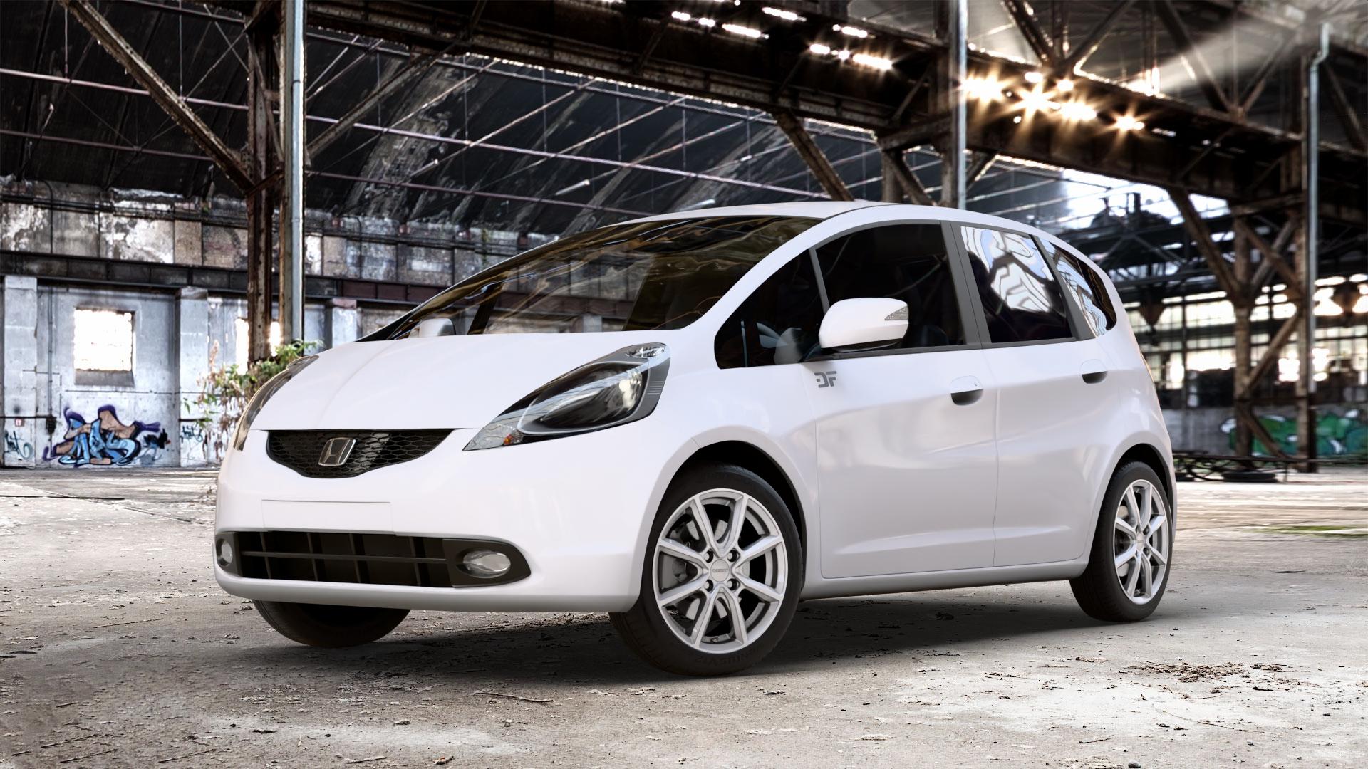 DEZENT TN SILVER Felge mit Reifen silber in 16Zoll Winterfelge Alufelge auf weissem Honda Jazz III (GG, GE) 1,2l i-VTEC 66kW GG5 (90 PS) 1,4l 73kW GG6 (99 GG3 GE6 GG1 GG2 IMA Hybrid 65kW GP1 (88 ⬇️ mit 15mm Tieferlegung ⬇️ Old Industrial Hall_max_4400mm_2024 Frontansicht_1
