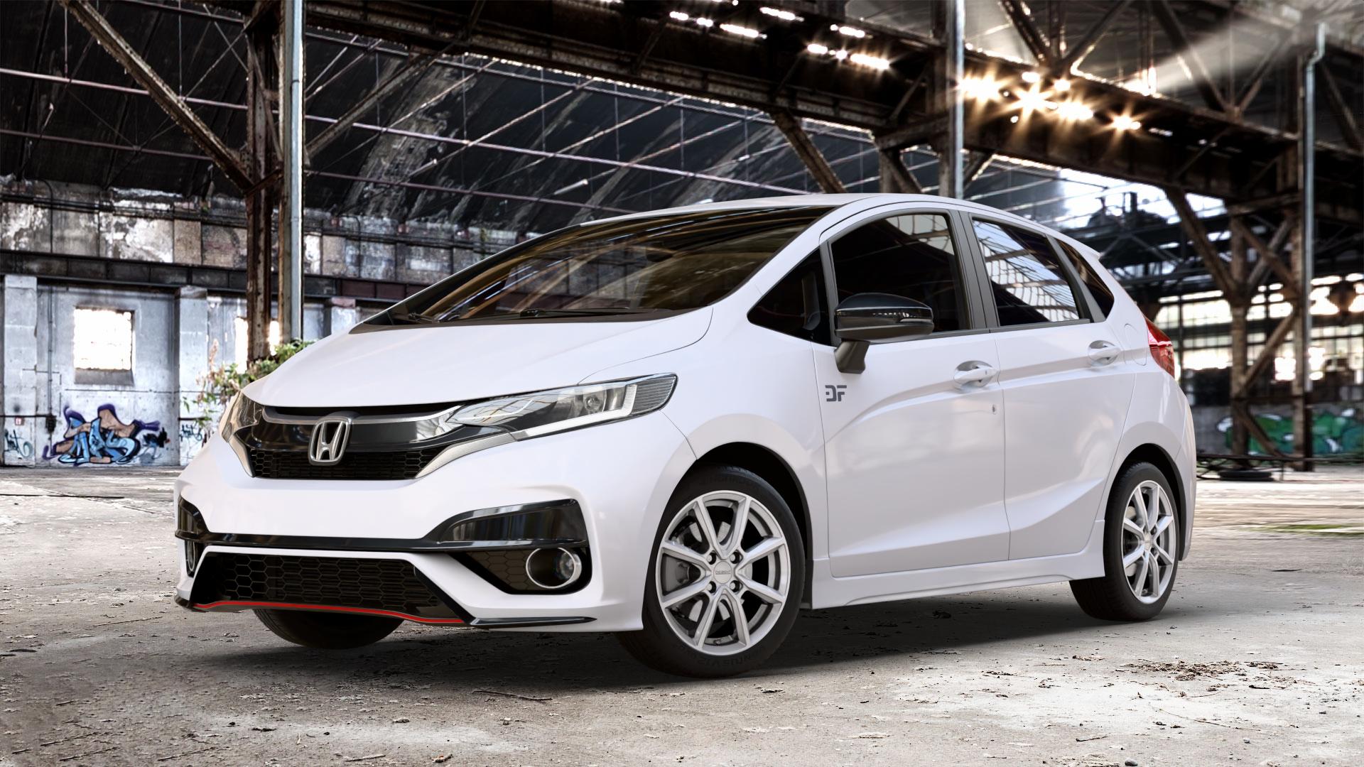 DEZENT TN SILVER Felge mit Reifen silber in 16Zoll Winterfelge Alufelge auf weissem Honda Jazz IV (GK) Facelift ⬇️ mit 15mm Tieferlegung ⬇️ Old Industrial Hall_max_4400mm_2024 Frontansicht_1