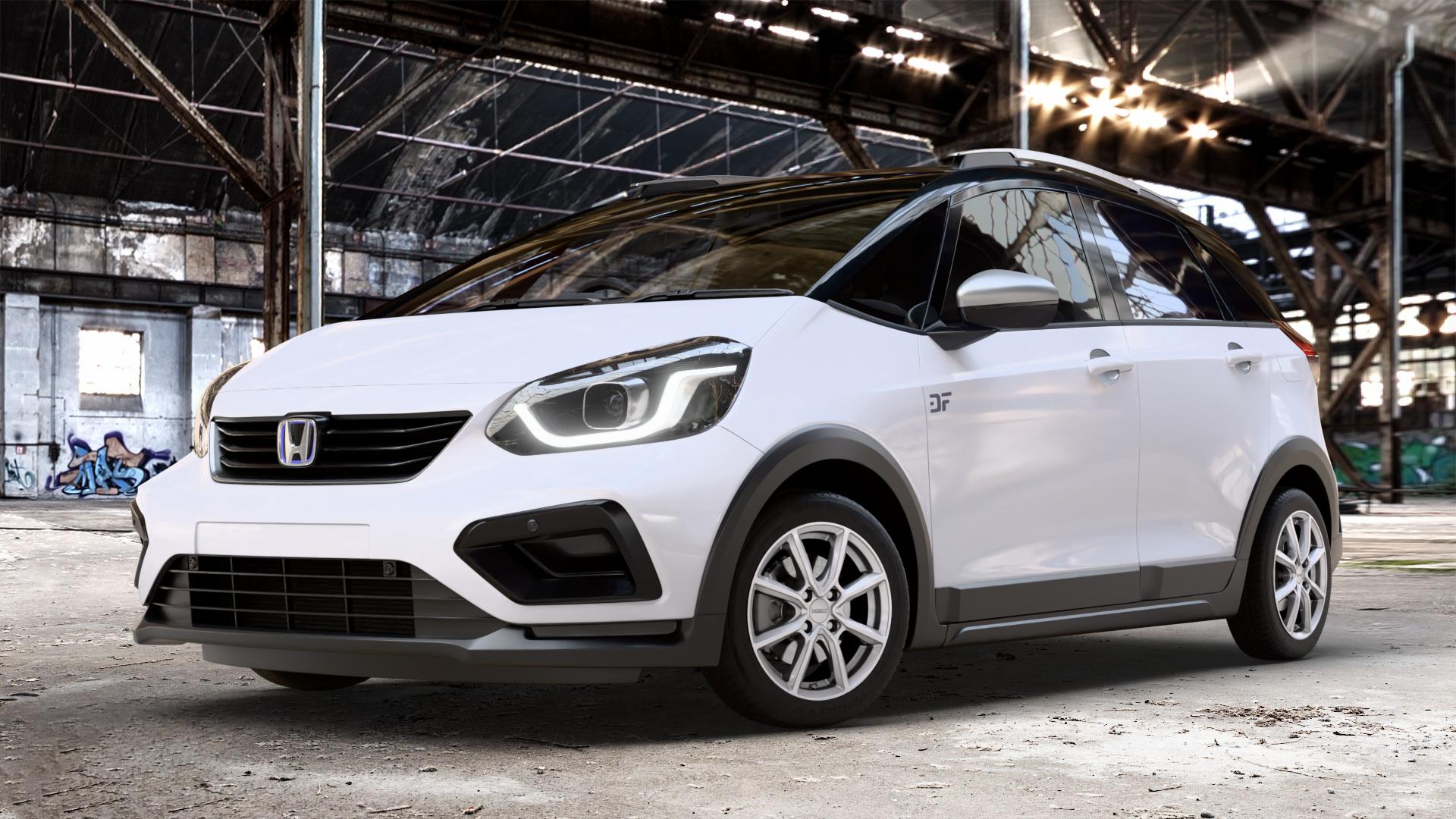 DEZENT TN SILVER Felge mit Reifen silber in 16Zoll Winterfelge Alufelge auf weissem Honda Jazz V Crosstar (GR) Facelift ⬇️ mit 15mm Tieferlegung ⬇️ Old Industrial Hall_max_4400mm_2024 Frontansicht_1