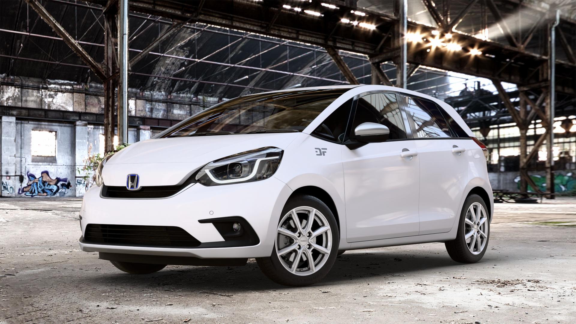 DEZENT TN SILVER Felge mit Reifen silber in 16Zoll Winterfelge Alufelge auf weissem Honda Jazz V (GR) ⬇️ mit 15mm Tieferlegung ⬇️ Old Industrial Hall_max_4400mm_2024 Frontansicht_1